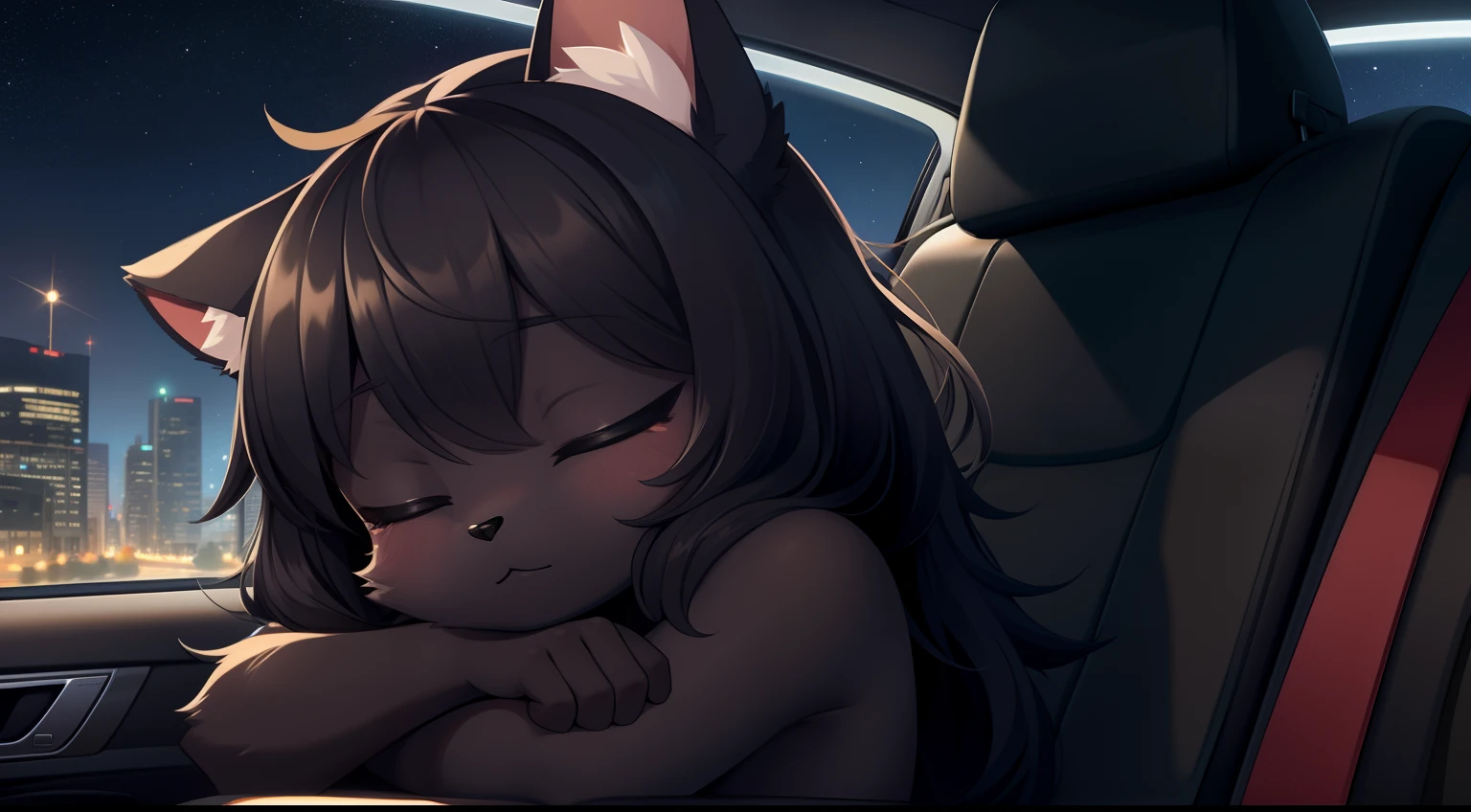 Furry mascot，Lovely image，A black cat，No clothes， Cute little animals fluffy，Black furry fur furry fur，Cute little animals，Fluffy tail，In the back seat，Sitting alone in the car，Reclining in a chair，View from the car window，On the city highway，full of lights，Cubs，is in night，nigh sky, stars，Close-up of cute characters，Put your hands behind your head，eye closeds，s asleep