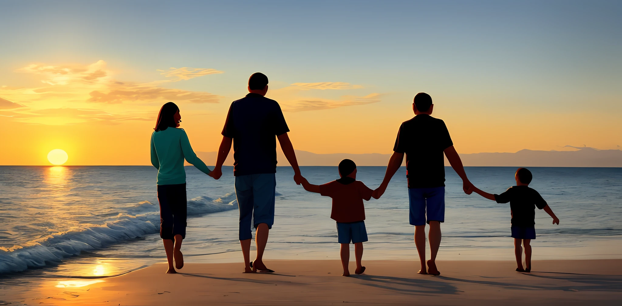 Family of 4 walking by the sea
The son rides on his father's neck
The mother holds her daughter by the hand
The setting sun shines on the family