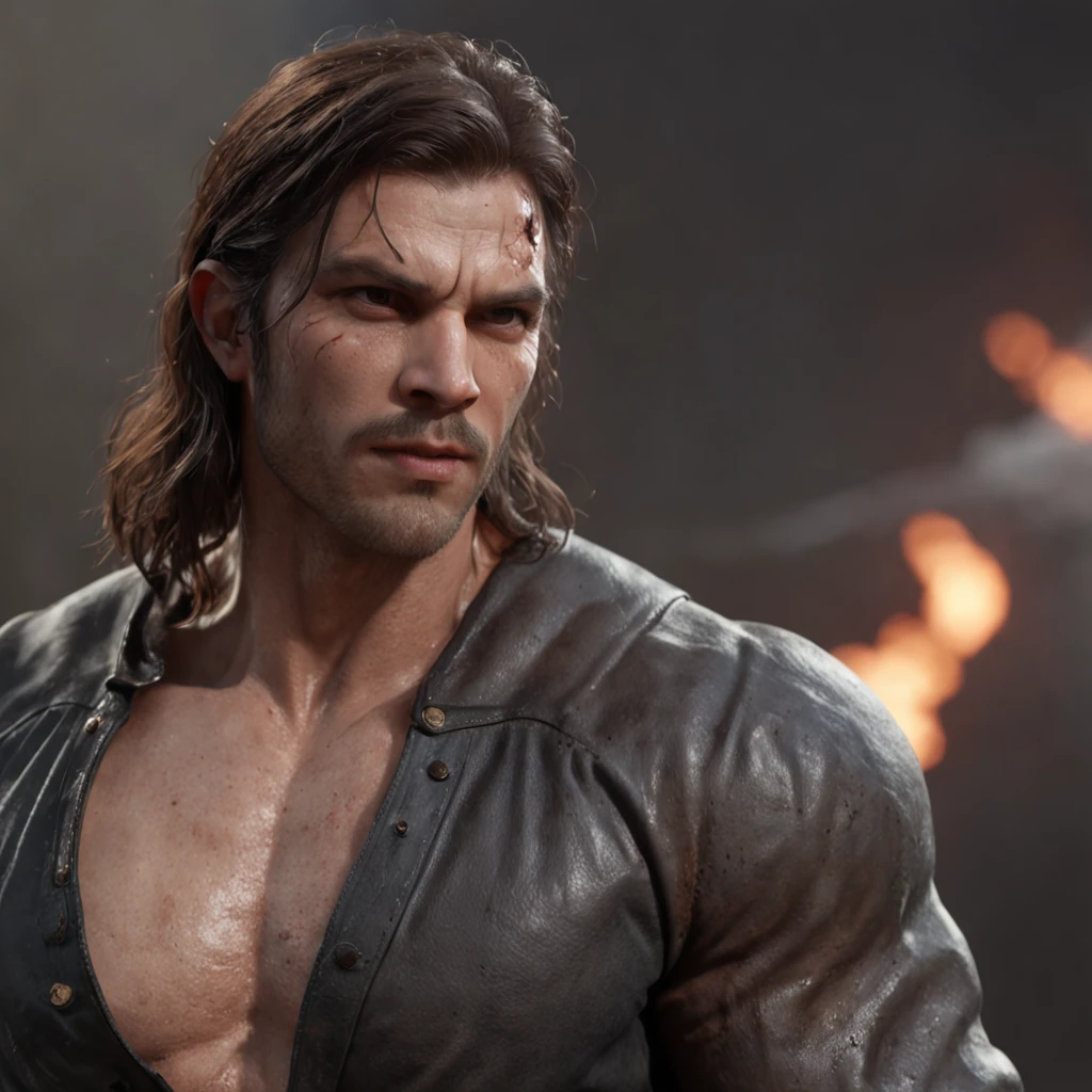 (professional 3d render:1.3) af (Realistic:1.3) most beautiful artwork photo in the world,Features soft and shiny male heroes, ((Epic hero fantasy muscle man rough wet hero angry look long hair short beard and ferocious expression in dynamic pose, Fantastic location, Majestic cluttered environment)), full body 8k unity render, action shot, skin pore, very dark lighting, heavyshading, Detailed, Detailed face, (vibrant, photograph realistic, Realistic, Dramatic, Dark, Sharp focus, 8K), (Old leather garments damaged by weathering:1.4), ((((Wear fur)))), (Intricate:1.4), decadent, (Highly detailed:1.4), Digital painting, rendering by octane, art stations, concept-art, smooth, Sharp focus, illustration, Art germ, (loish:0.23), wlop ilya kuvshinov, and greg rutkowski and alphonse mucha gracias, (Global illumination, Studio light, volumettic light), heavy rain, particles floating, lotr, fantasy, elf, full bodyesbian, ((Dark and ancient city background:1.3)),CGSesociety,art stations