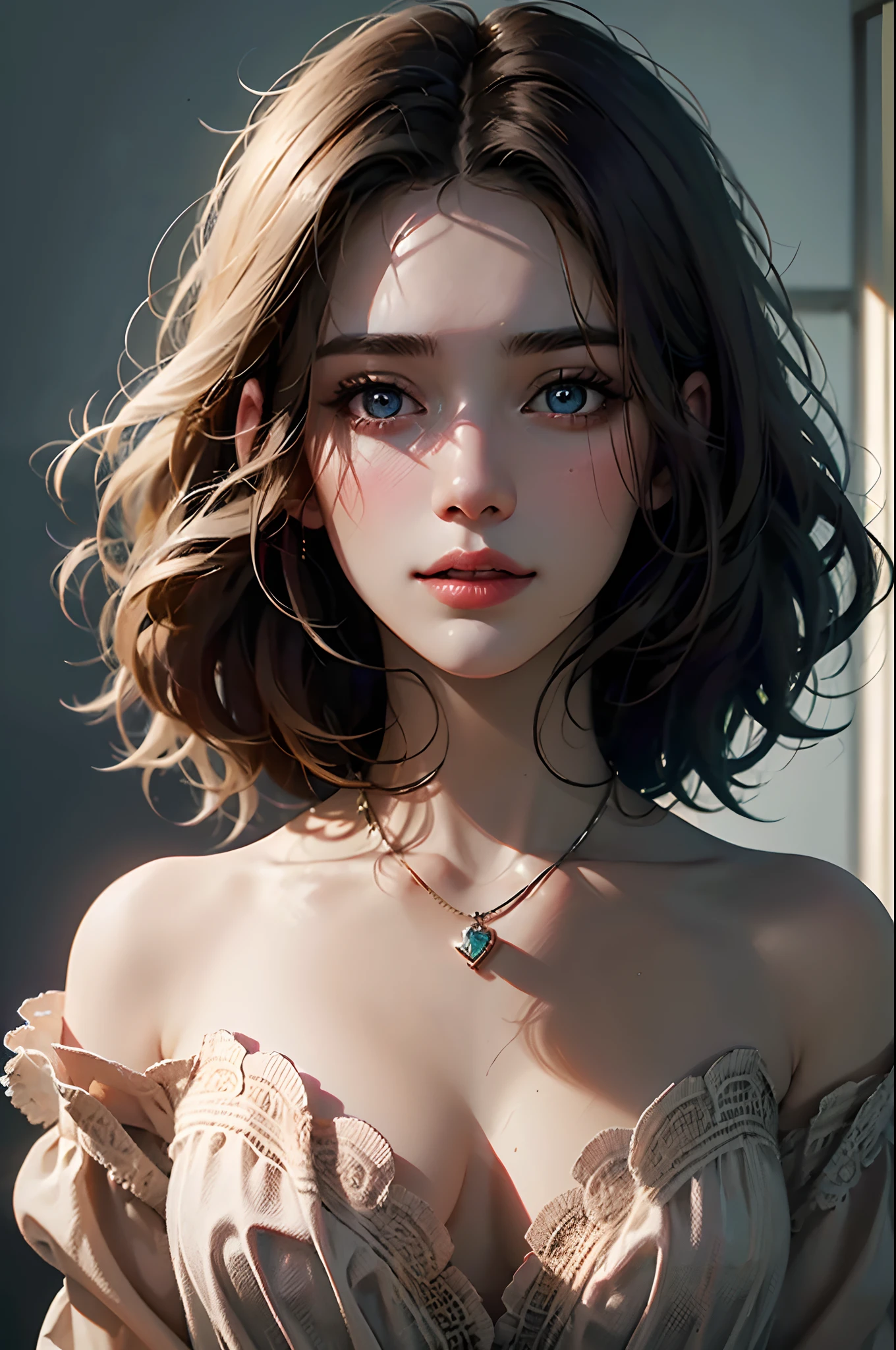 best quality, masterpiece, high resolution, 1 girl, porcelain dress, hair ornament, necklace, jewelry, beautiful face, on body, tyndall effect, photorealistic, dark studio, rim lighting, two-color lighting, (highly detailed skin: 1.2), 8k uhd, dslr, soft lighting, high quality, volumetric lighting, candid, photography, high resolution, 4k, 8k, Bokeh,