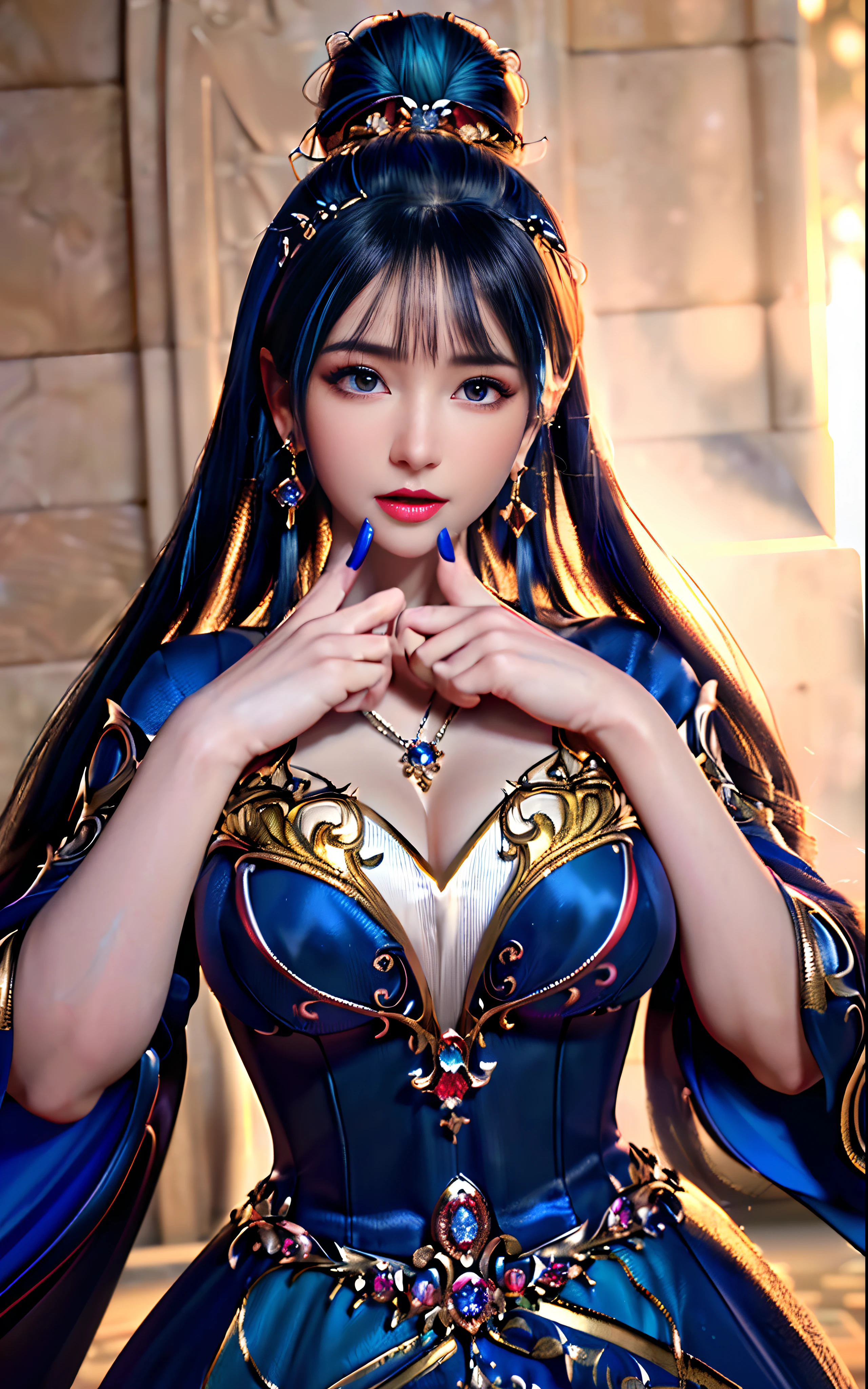 ((realisticity: 1.2)), ((realistic: 8K UHD)), ((best resolution: 8K UHD)), hyper detailed, best quality,masterpiece,highres,cg, ((1 girl hyper detailed and hyper realistic) ) , ((beautiful queen, hyper realistic and hyper detailed)),((white skin, beautiful, smooth, youthful, hyper realistic and hyper detailed )), ((Face hyper beautiful, white, hyper realistic and hyper detailed ) ), long hair, ((hyper realistic and hyper detailed dress)), solo, ((hyper realistic, hyper beautiful, beautiful and hyper detailed jewelry)), ((hyper beautiful deep red and golden yellow dress, hyper realistic and hyper detailed )) , ((Her pretty, hyper realistic, hyper detailed diamond filled earrings)), ((Her gorgeous diamond haircut, hyper realistic and hyper detailed)), ((hyper pretty upper body, hyper beautiful, hyper realistic and hyper detailed) ), ((medium breast: 1.1)), ((hyper realistic, hyper pretty, hyper detailed boobs)), ((the backgroun of the royal palace is hyper majestic, hyper realistic and hyper detailed)),((hands and palms hyper beautiful, hyper detailed, hyper realistic)), ((hyper detailed and hyper realistic fingers and fingernails)), ((hyper pretty fingernails, hyper vivid, hyper detailed, hyper realistic)), ((thumb, index finger, middle finger, ring finger, little finger hyper vivid, hyper pretty, hyper detailed, hyper realistic)),
((hyper beautiful fingers, hyper detailed, and hyper realistic)), ((posture not too fat and not too thin, hyper realistic, hyper detail)), ((hyper pretty, hyper pretty, hyper realistic and hyper detailed hair bun)), ((hyper pretty , hyper realistic and hyper detailed blue hair)), candid, Photo, high resolution, 8k , bokeh,