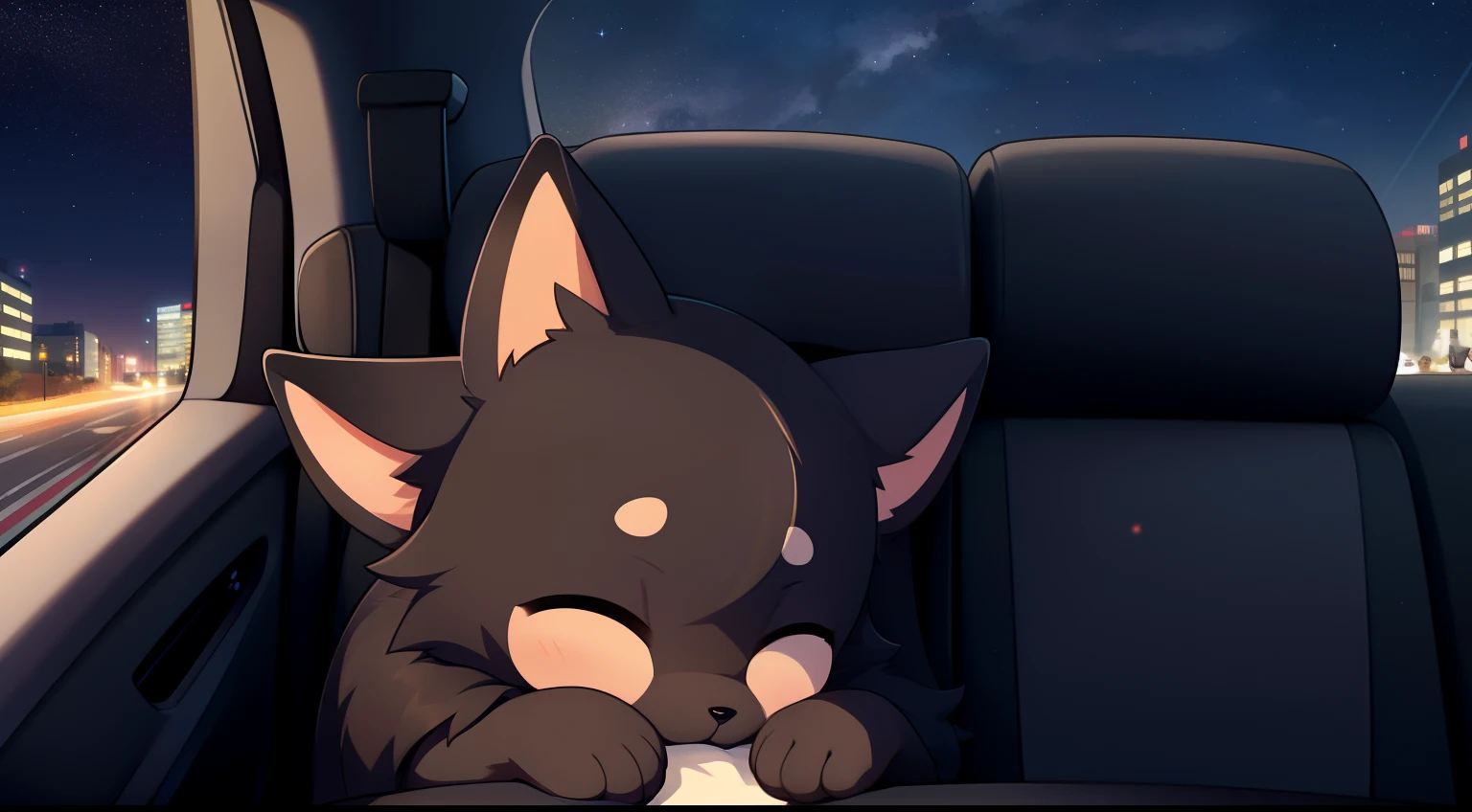 Furry mascot，Lovely image，A black cat，No clothes， Cute little animals fluffy，Black furry fur furry fur，Cute little animals，Fluffy tail，In the back seat，Sitting alone in the car，Reclining in a chair，View from the car window，On the city highway，full of lights，Cubs，is in night，nigh sky, stars，Close-up of cute characters，Put your hands behind your head，eye closeds，s asleep