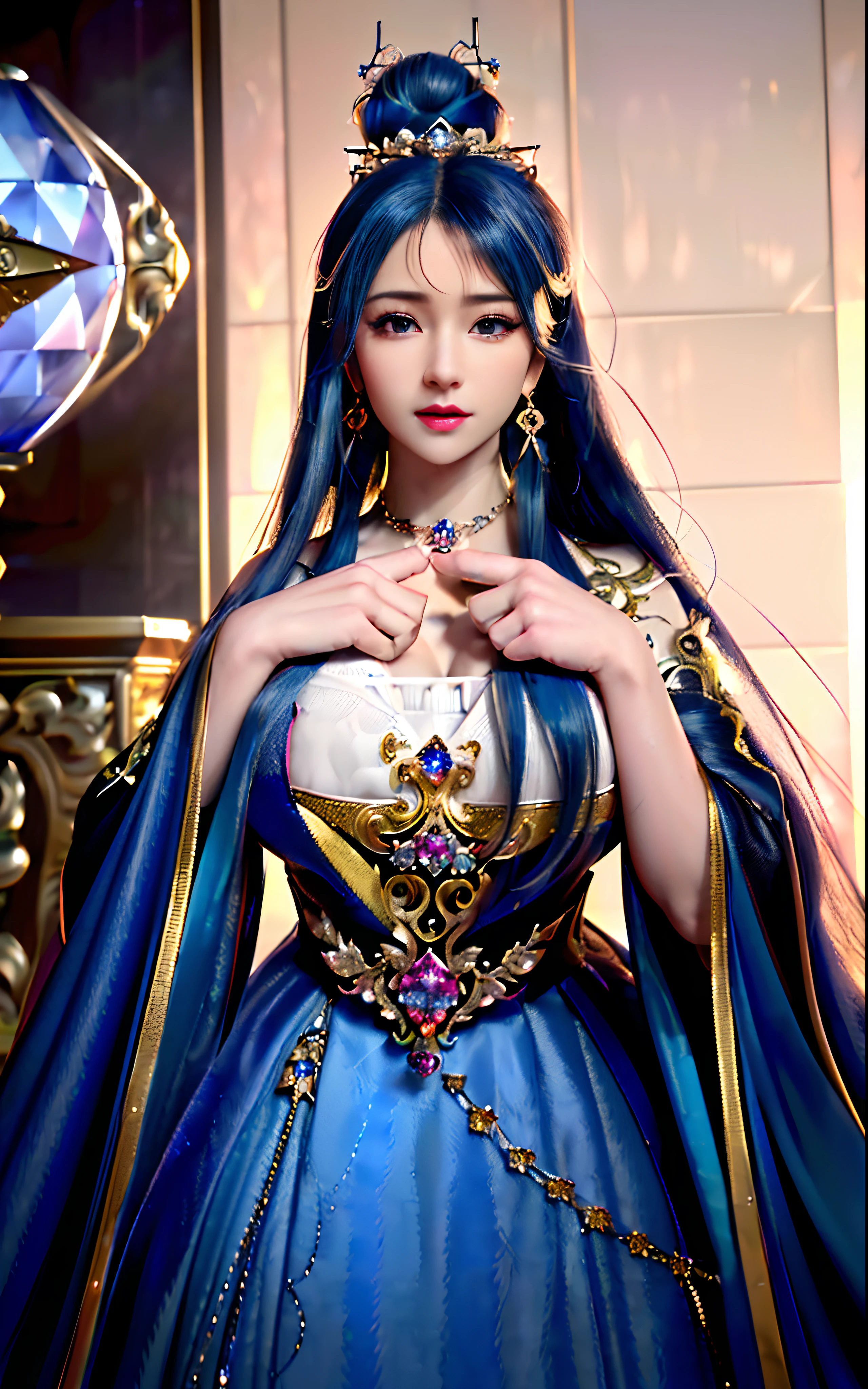 ((realisticity: 1.2)), ((realistic: 8K UHD)), ((best resolution: 8K UHD)), hyper detailed, best quality,masterpiece,highres,cg, ((1 girl hyper detailed and hyper realistic) ) , ((beautiful queen, hyper realistic and hyper detailed)),((white skin, beautiful, smooth, youthful, hyper realistic and hyper detailed )), ((Face hyper beautiful, white, hyper realistic and hyper detailed ) ), long hair, ((hyper realistic and hyper detailed dress)), solo, ((hyper realistic, hyper beautiful, beautiful and hyper detailed jewelry)), ((hyper beautiful deep red and golden yellow dress, hyper realistic and hyper detailed )) , ((Her pretty, hyper realistic, hyper detailed diamond filled earrings)), ((Her gorgeous diamond haircut, hyper realistic and hyper detailed)), ((hyper pretty upper body, hyper beautiful, hyper realistic and hyper detailed) ), ((medium breast: 1.1)), ((hyper realistic, hyper pretty, hyper detailed boobs)), ((the backgroun of the royal palace is hyper majestic, hyper realistic and hyper detailed)),((hands and palms hyper beautiful, hyper detailed, hyper realistic)), ((hyper detailed and hyper realistic fingers and fingernails)), ((hyper pretty fingernails, hyper vivid, hyper detailed, hyper realistic)), ((thumb, index finger, middle finger, ring finger, little finger hyper vivid, hyper pretty, hyper detailed, hyper realistic)),
((hyper beautiful fingers, hyper detailed, and hyper realistic)), ((posture not too fat and not too thin, hyper realistic, hyper detail)), ((hyper pretty, hyper pretty, hyper realistic and hyper detailed hair bun)), ((hyper pretty , hyper realistic and hyper detailed blue hair)), candid, Photo, high resolution, 8k , bokeh,