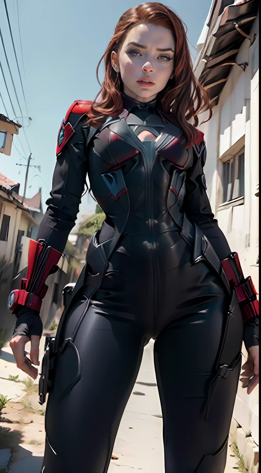 Mulher bonita cabelo branco longo, corpo definido seios grandes, (((vestindo cosplay de black widow)))