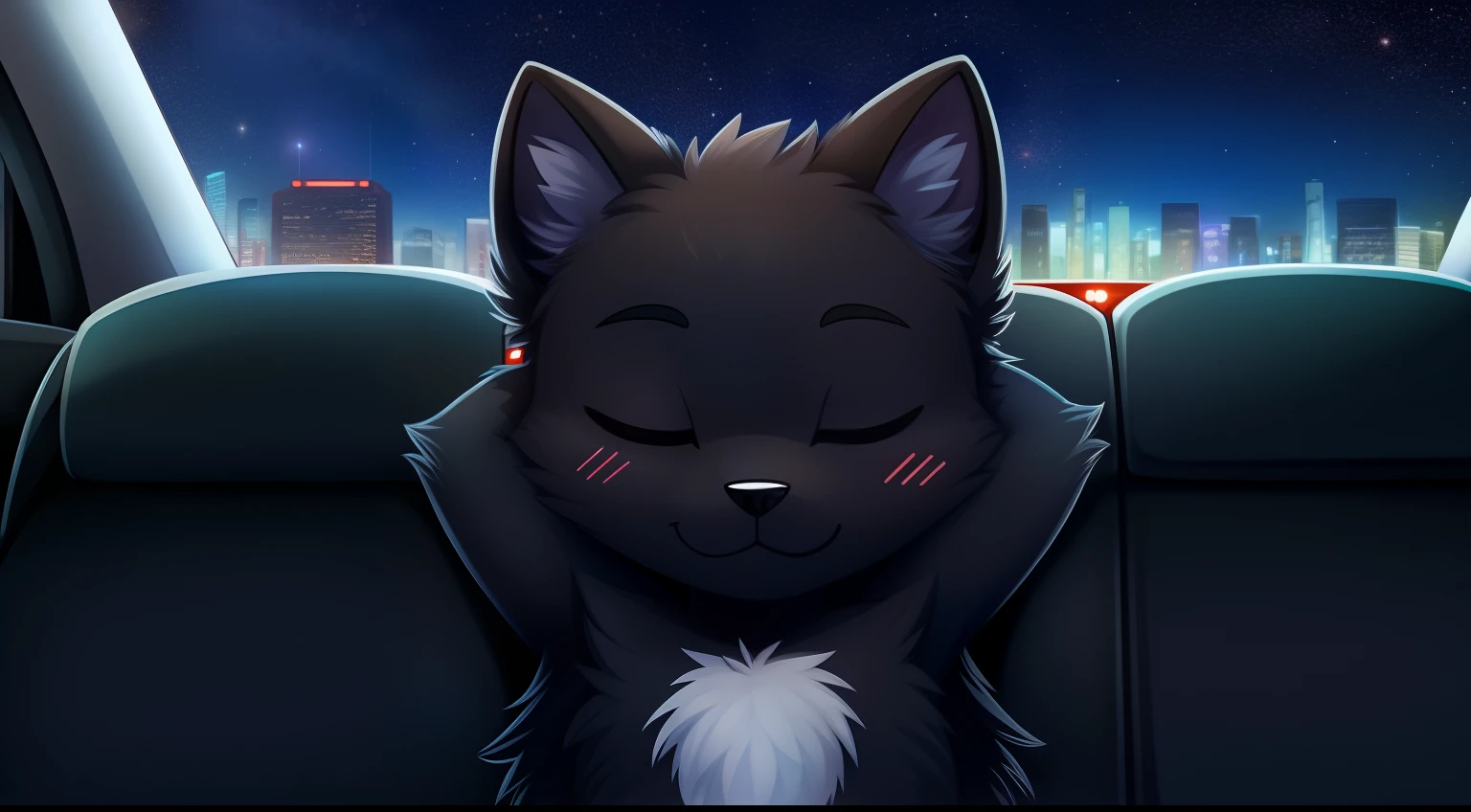 Furry mascot,Lovely image,A black cat,No clothes, Cute little animals fluffy,Black furry furry fur,Cute little animals,Fluffy tail,In the back seat,Sitting alone in the car,Reclining in a chair,The view from the car window,On the city highway,full of lights,Cubs,is in night,nigh sky, stars,Close-up of cute characters,Put your hands behind your head,eye closeds,s asleep