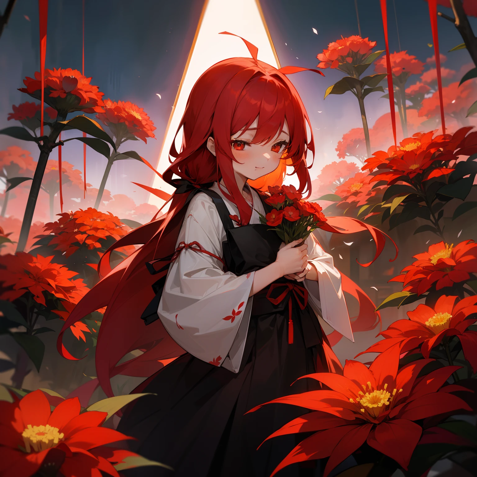 The flower language of higanbana is「reunion」with the「Tote」。In the dark of night、Under the red, fiery higan flowers、Reuniting with the Lost Past、Quiet Death。In illusions、Feel the end of time。