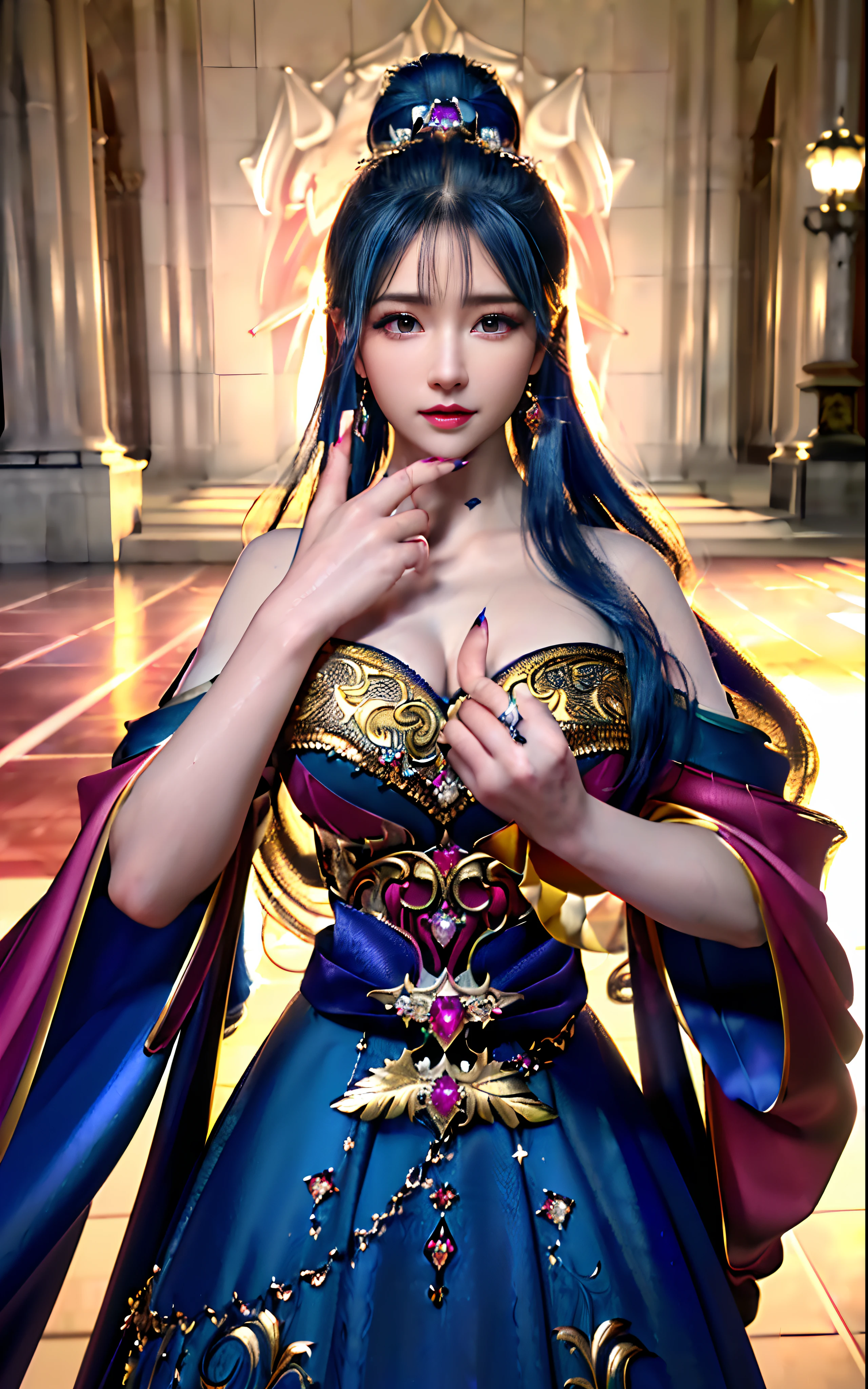 ((realisticity: 1.2)), ((realistic: 8K UHD)), ((best resolution: 8K UHD)), hyper detailed, best quality,masterpiece,highres,cg, ((1 girl hyper detailed and hyper realistic) ) , ((beautiful queen, hyper realistic and hyper detailed)),((white skin, beautiful, smooth, youthful, hyper realistic and hyper detailed )), ((Face hyper beautiful, white, hyper realistic and hyper detailed ) ), long hair, ((hyper realistic and hyper detailed dress)), solo, ((hyper realistic, hyper beautiful, beautiful and hyper detailed jewelry)), ((hyper beautiful deep red and golden yellow dress, hyper realistic and hyper detailed )) , ((Her pretty, hyper realistic, hyper detailed diamond filled earrings)), ((Her gorgeous diamond haircut, hyper realistic and hyper detailed)), ((hyper pretty upper body, hyper beautiful, hyper realistic and hyper detailed) ), ((medium breast: 1.1)), ((hyper realistic, hyper pretty, hyper detailed boobs)), ((the backgroun of the royal palace is hyper majestic, hyper realistic and hyper detailed)),((hands and palms hyper beautiful, hyper detailed, hyper realistic)), ((hyper detailed and hyper realistic fingers and fingernails)), ((hyper pretty fingernails, hyper vivid, hyper detailed, hyper realistic)), ((thumb, index finger, middle finger, ring finger, little finger hyper vivid, hyper pretty, hyper detailed, hyper realistic)),  
((hyper beautiful fingers, hyper detailed, and hyper realistic)), ((posture not too fat and not too thin, hyper realistic, hyper detail)), ((hyper pretty, hyper pretty, hyper realistic and hyper detailed hair bun)), ((hyper pretty , hyper realistic and hyper detailed blue hair)), candid, Photo, high resolution, 8k , bokeh,