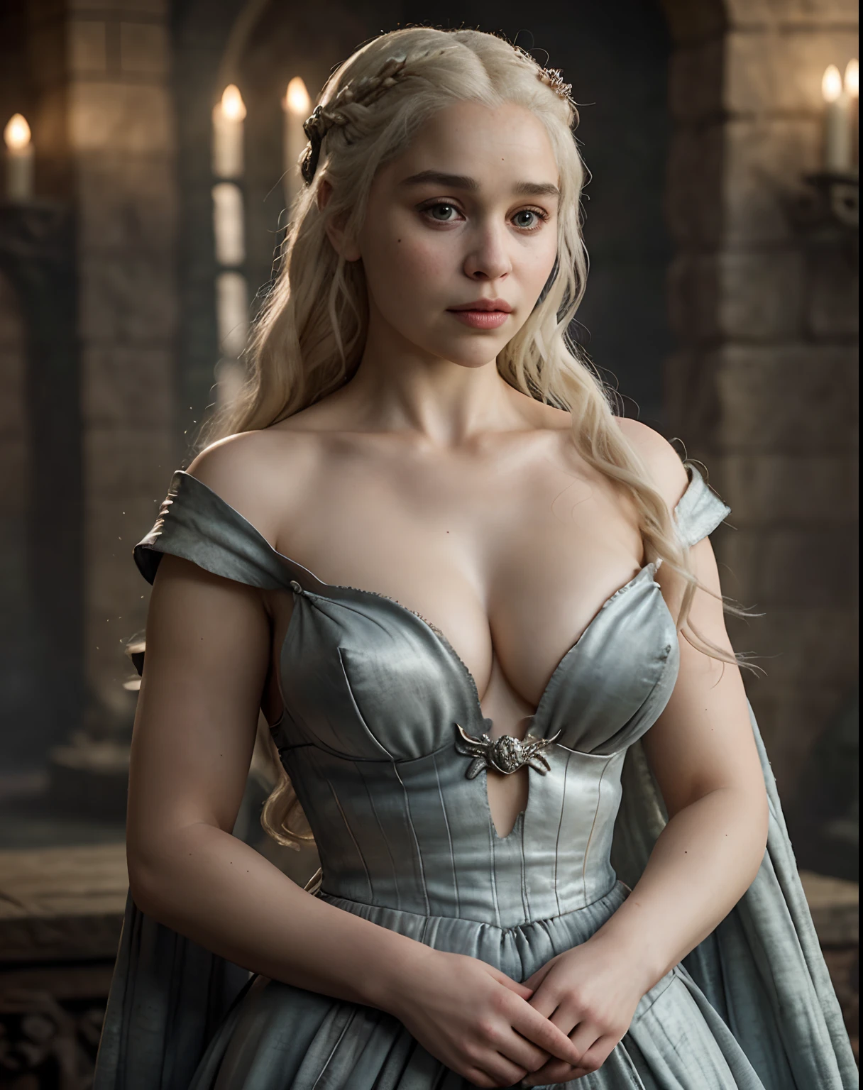 Masterpiece, Daenerys Targaryen, Gorgeous woman, queen, Queen Lady, Princess of Dragonstone, black mole on breast, The Unburnt, Queen of Meereen, Queen of the Andals, the Rhoynar and the First Men (claimant), Protector of the Seven Kingdoms (claimant), Khaleesi of the Great Grass Sea, Breaker of Shackles, Mother of Dragons, The One Who Was Promised, Lady of Dragonstone , 35 years Old, she is a Full growned lady now, big natural breast, perky breast, beautiful mature lady, the queen, milf beauty, mature queen, Best quality, a small, charming Beauty, a captivating woman, fully ripen milf body, lustful queen, alluring appearance, unrivaled beauty, wonderful breasts, large breasts, mediaeval erotic costumes, a Game of Thrones-inspired costume, a close-up of a woman from the middle ages, Daenerys Targaryen, Daenerys, resembles Emilia Clarke, Emilia Clarke, scene from "Game of Throne," deep cleavage, warrior princess, healthy body, perfect thick body, attractive figure, fleshy body, style of "Game of Throne," beautiful lady, beautiful woman, mediaeval clothes, stunning woman, 8K, insane details, dress made of clothes and jewelry, perfect hair, styled hair, high clarity eyes, perfect hands, perfect fingers, perfect eyes