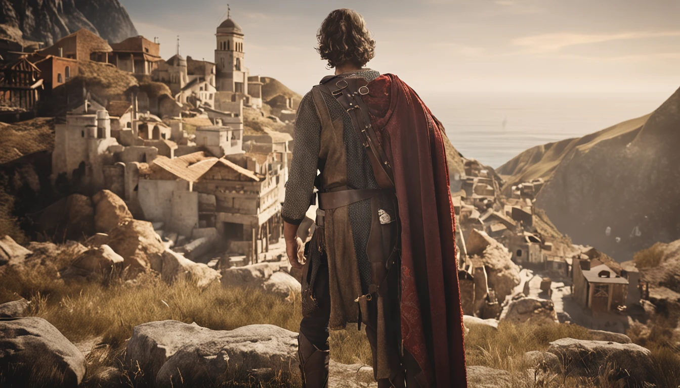homem medieval, cara de perdido, sozinho, super detalhado