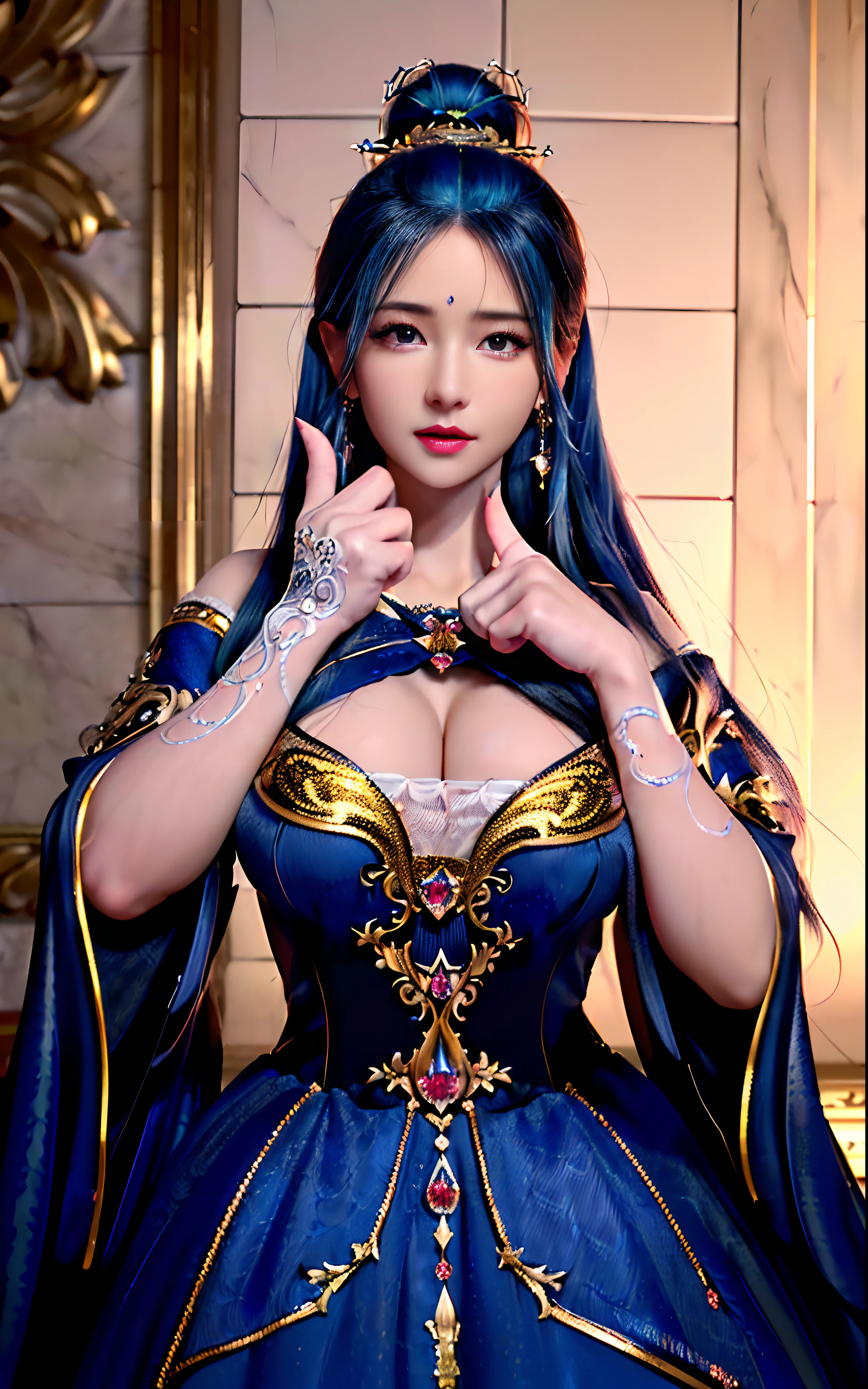 ((realisticity: 1.2)), ((realistic: 8K UHD)), ((best resolution: 8K UHD)), hyper detailed, best quality,masterpiece,highres,cg, ((1 girl hyper detailed and hyper realistic) ) , ((beautiful queen, hyper realistic and hyper detailed)),((white skin, beautiful, smooth, youthful, hyper realistic and hyper detailed )), ((Face hyper beautiful, white, hyper realistic and hyper detailed ) ), long hair, ((hyper realistic and hyper detailed dress)), solo, ((hyper realistic, hyper beautiful, beautiful and hyper detailed jewelry)), ((hyper beautiful deep red and golden yellow dress, hyper realistic and hyper detailed )) , ((Her pretty, hyper realistic, hyper detailed diamond filled earrings)), ((Her gorgeous diamond haircut, hyper realistic and hyper detailed)), ((hyper pretty upper body, hyper beautiful, hyper realistic and hyper detailed) ), ((medium breast: 1.1)), ((hyper realistic, hyper pretty, hyper detailed boobs)), ((the backgroun of the royal palace is hyper majestic, hyper realistic and hyper detailed)),((hands and palms hyper beautiful, hyper detailed, hyper realistic)), ((hyper detailed and hyper realistic fingers and fingernails)), ((hyper pretty fingernails, hyper vivid, hyper detailed, hyper realistic)), ((thumb, index finger, middle finger, ring finger, little finger hyper vivid, hyper pretty, hyper detailed, hyper realistic)),  
((hyper beautiful fingers, hyper detailed, and hyper realistic)), ((posture not too fat and not too thin, hyper realistic, hyper detail)), ((hyper pretty, hyper pretty, hyper realistic and hyper detailed hair bun)), ((hyper pretty , hyper realistic and hyper detailed blue hair)), candid, Photo, high resolution, 8k , bokeh,