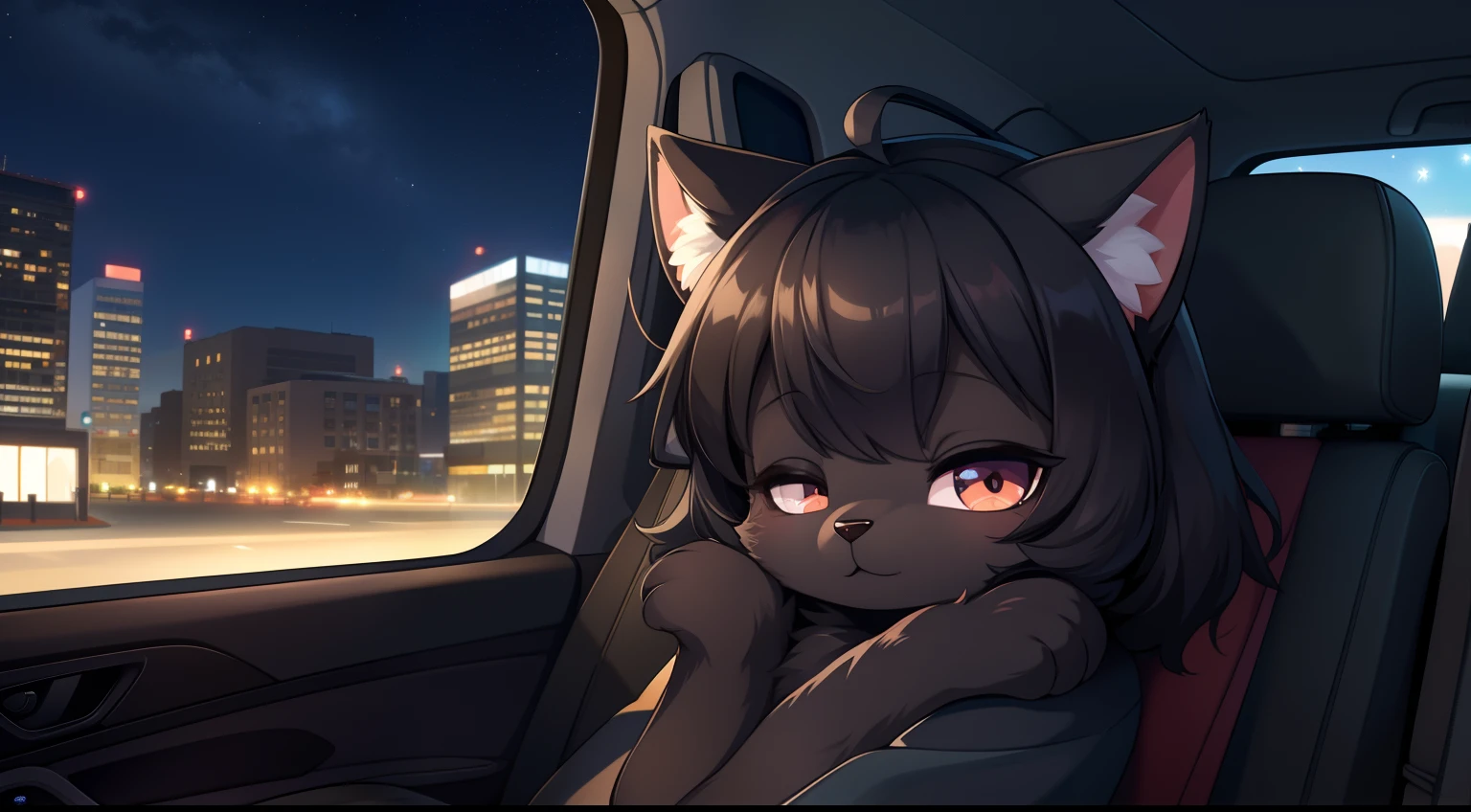 Furry mascot,Lovely image,A black cat,No clothes, Cute little animals fluffy,Black furry furry fur,Cute little animals,Fluffy tail,In the back seat,Sitting alone in the car,Reclining in a chair,The view from the car window,On the city highway,full of lights,Cubs,is in night,nigh sky, stars,Close-up of cute characters,Put your hands behind your head,eye closeds,s asleep