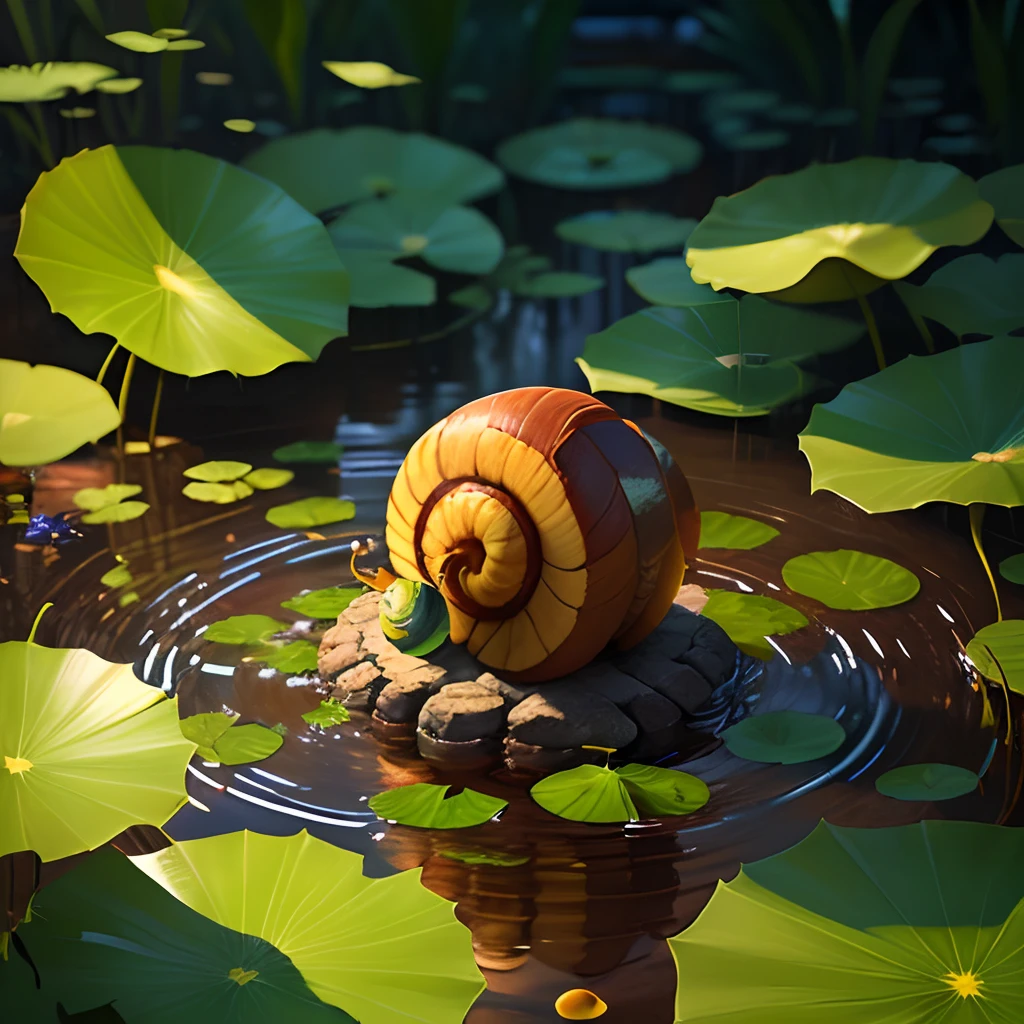 2d game background,Small shallow pool,snail,Lotus leaf,depth of fields,hand painted style,planar,popup book,unreal engine