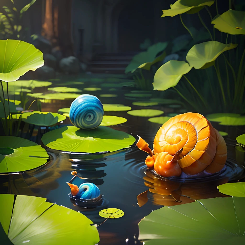 2d game background,Small shallow pool,snail,Lotus leaf,depth of fields,hand painted style,planar,popup book,unreal engine
