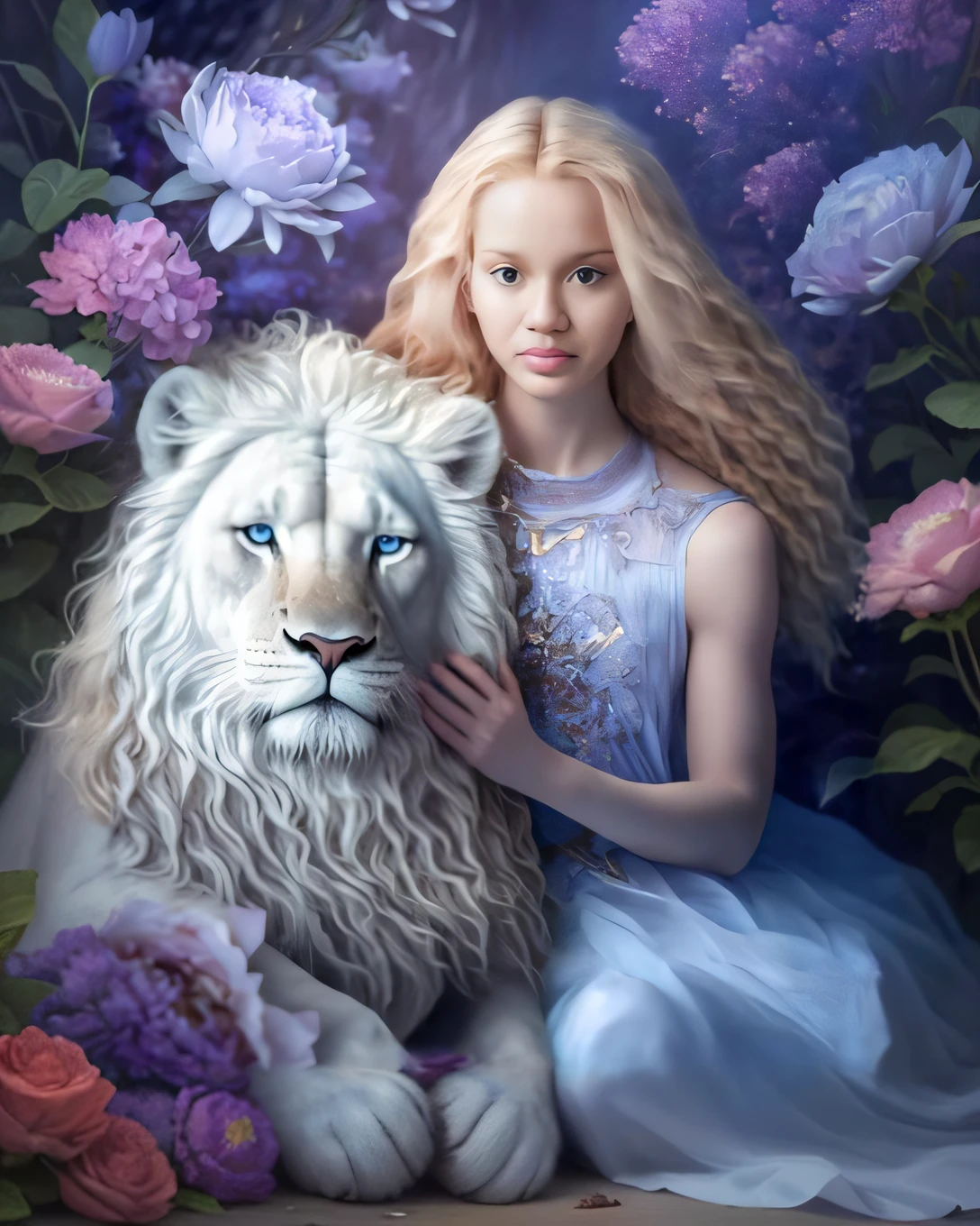 Arafed photo of a woman in a blue dress holding a white lion, gorgeous goddess of leo, retrato bonito da arte da fantasia, inspirado em Cynthia Sheppard, bela arte de fantasia, retrato da arte da fantasia, bela arte digital, retrato bonito da fantasia, Magali Villeneuve», arte de fantasia muito bonita, realistic fantasy illustration, lindo arte digital, pintura de fantasia realista, foto de perfil, fantasia realista intrincada