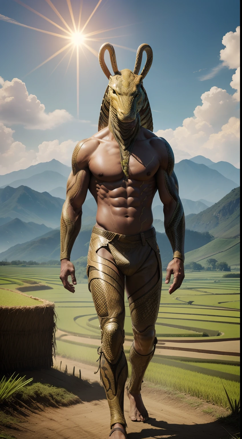 farmer, human body, snake-head, working on the rice field, under the sun, sunshine, full body, Animal Anthropomorphism, realistic digital, humanoid, abstract background, global illumination, intricate, epic, dramatic, masterpiece, high detail, best quality, ultra high res