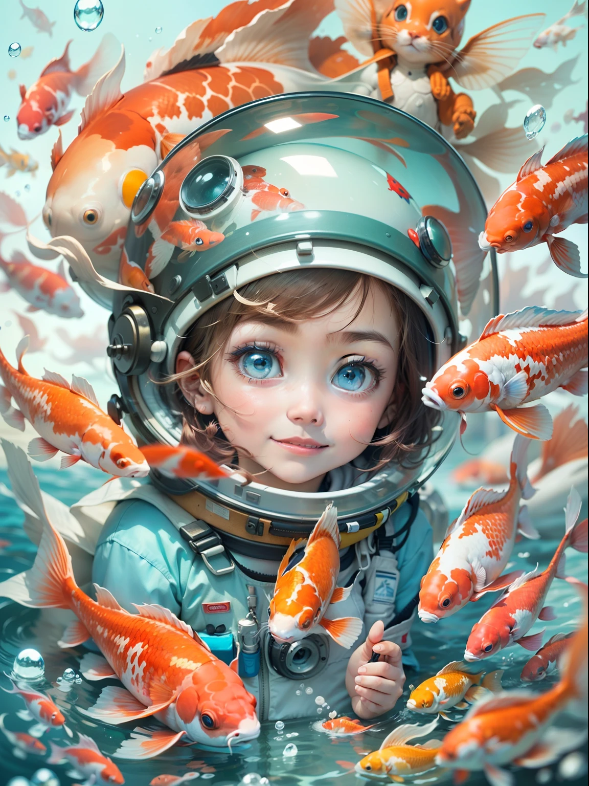 ocean floor，Diving *********** interacting with oversized koi，（Oversized red koi，Beautiful koi，Flocks of koi），White spacesuit，Transparent space helmet，(((cute female child，blue color eyes，A delightful、A slight smil)))，Exquisite digital illustration,8K detailed digital art