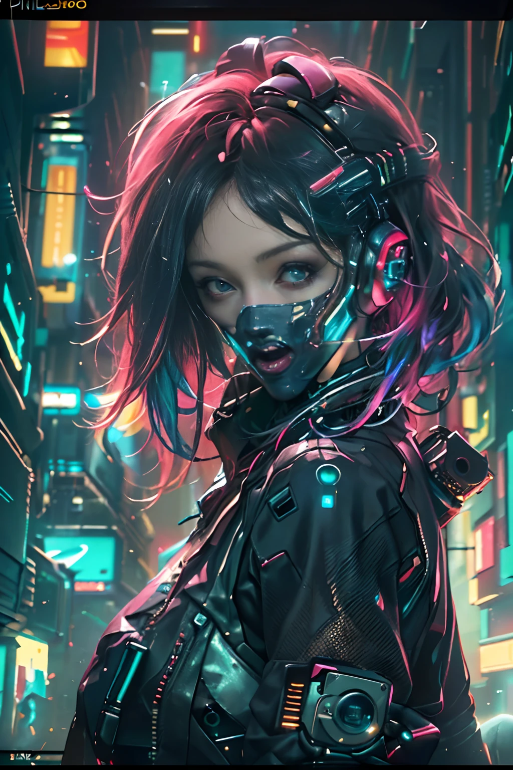 1girl, wear a cyberpunk mask, Neon mask, Detail mask, retrato do rosto, tiro de close up |, de cima, cidade cyberpunk