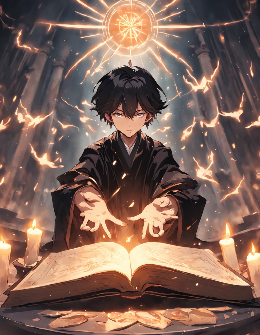 An unreadable black-robed magician raised his hands, A circle of magic books was scattered on the ground, Magic books and candles are placed around, Seven mirrors at different angles directly above, Gloomy picture, Vision, depth of field, god rays, film grain, optical illusion, vignetting, Renaissance, Pre-Raphaelite Brotherhood, high details
