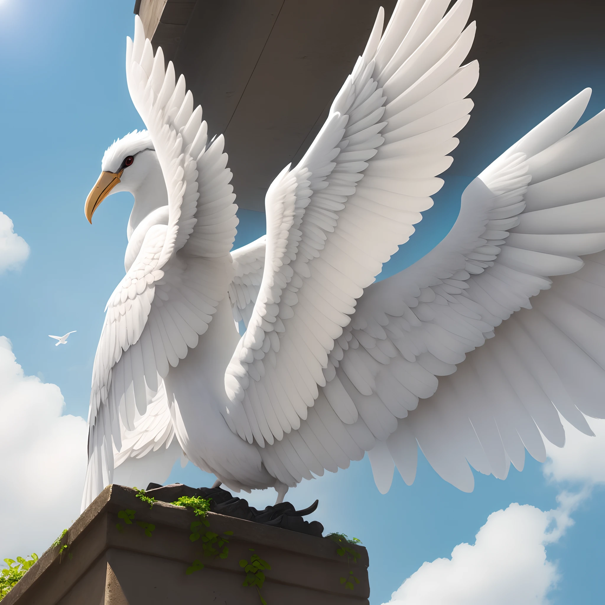 An angle with white wings in the bright sky