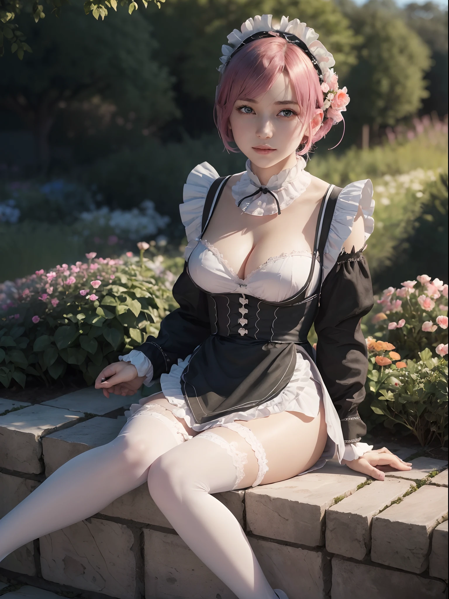 (masterpiece, best quality:1.4), (full body:1.5), (sitting: on the garden:1.5), on a beautifull and rich mansion, 1girl, solo, rem_re_zero, pink hair, (pink hair:0.5), short hair, maid uniform, (black maid uniform:1.5), hair ornament, cleavage, maid headdress, detached sleeves, ribbon, medium breasts, beautifull smile, beautiful face, highly detailed face, highly detailed eyes, highly detailed skin, skin pores, subsurface scattering, realistic pupils, full face blush, full lips, depth of field, volumetric lighting, sharp focus, absurdres, realistic proportions, good anatomy, (realistic, hyperrealistic:1.4), 16k hdr