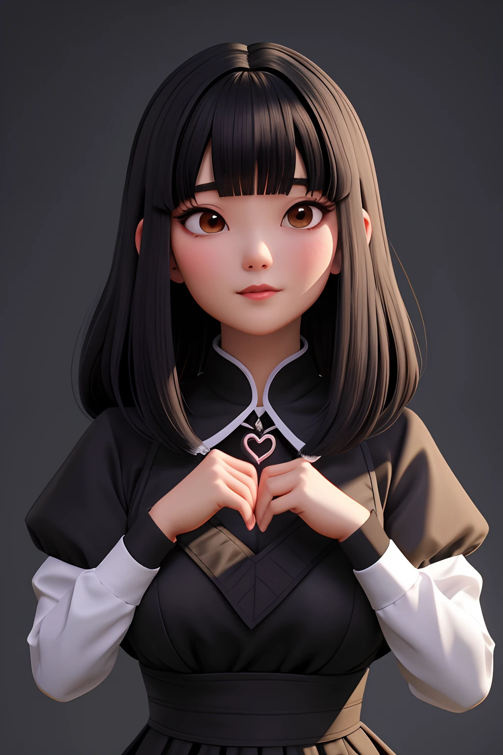 obra-prima, melhor qualidade, ultra-detalhado,Arrogant woman making a heart with her hands in front of her face, com cabelos curtos, O corte Hime, com um corte bob, branco hime corte penteado, com cabelo curto com franja, Sui Ishida com cabelo preto, preto hime corte cabelo, Chiho, Ela tem cabelo preto com franja, Jaeyeon Nam, cabelo arrumado com franja, Iwakura Lain(melhor qualidade)fundo luminoso