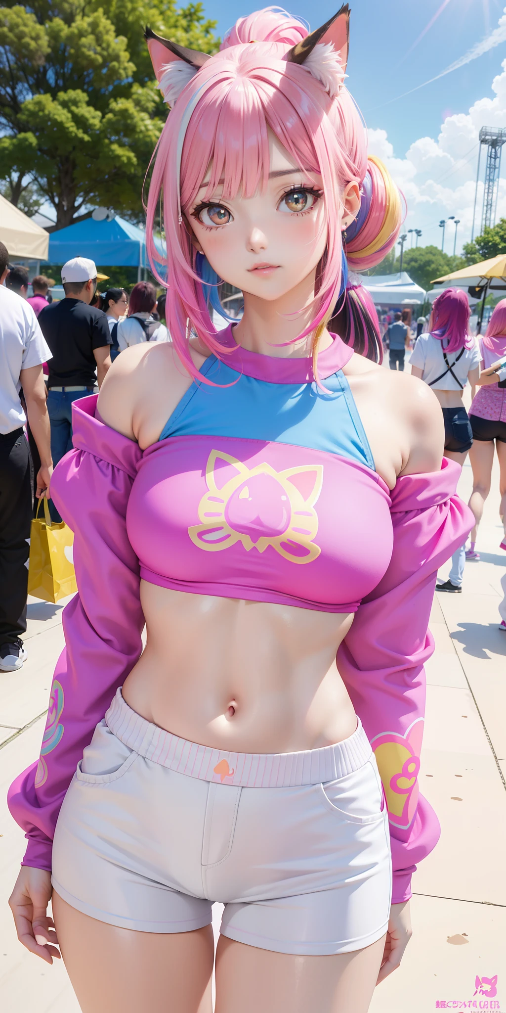 big breasts ((masterpiece)), ((1 cat girl)) ((((beautiful bright pink multicolored hair))))beautiful hair ornament, high ponytail, best quality, absurd, ultra detailed, holographic, shot of cowboy, golden ratio, super beautiful with violet shining eyes very beautiful, nice and sexy body, thin body, (((Perfect Body))), wearing anime print super tight mini boxers, an anime print super tight off shoulder sleeve long crop top, Pink Jordan Sneakers, super cute girls, mature girl, Asian girl, being photographed at an anime-themed amusement park