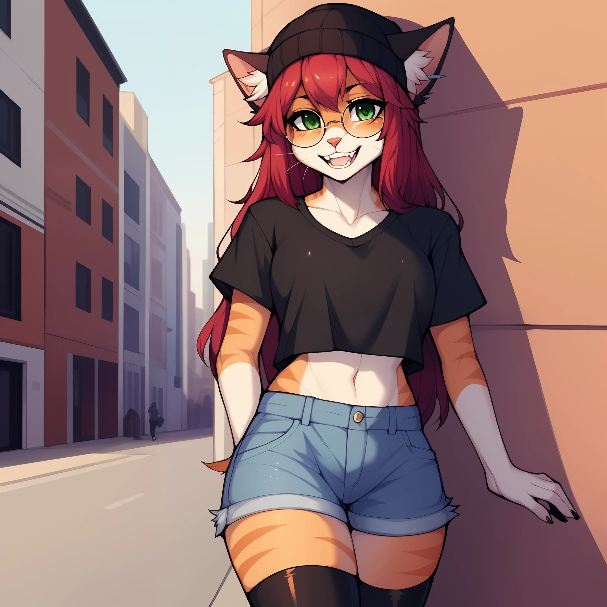 Solo:1.2, By claweddrip, by hyattlen, by fumiko, a cute female orange tabby cat, long hair, ruby hair, green eyes, long white whiskers, cute orange tabby cat ears, orange tabby cat tail, tall, slender, wearing Jean shorts, black thigh high socks, scuffed black converse shoes, black shirt, hands in pockets, black beanie, large round clear glasses, high quality, fluffy ear tips, looking_away:1.2, back against a wall, leaning on a wall, in a vibrant city street, front view, smiling, teeth showing, cat teeth, full body shot