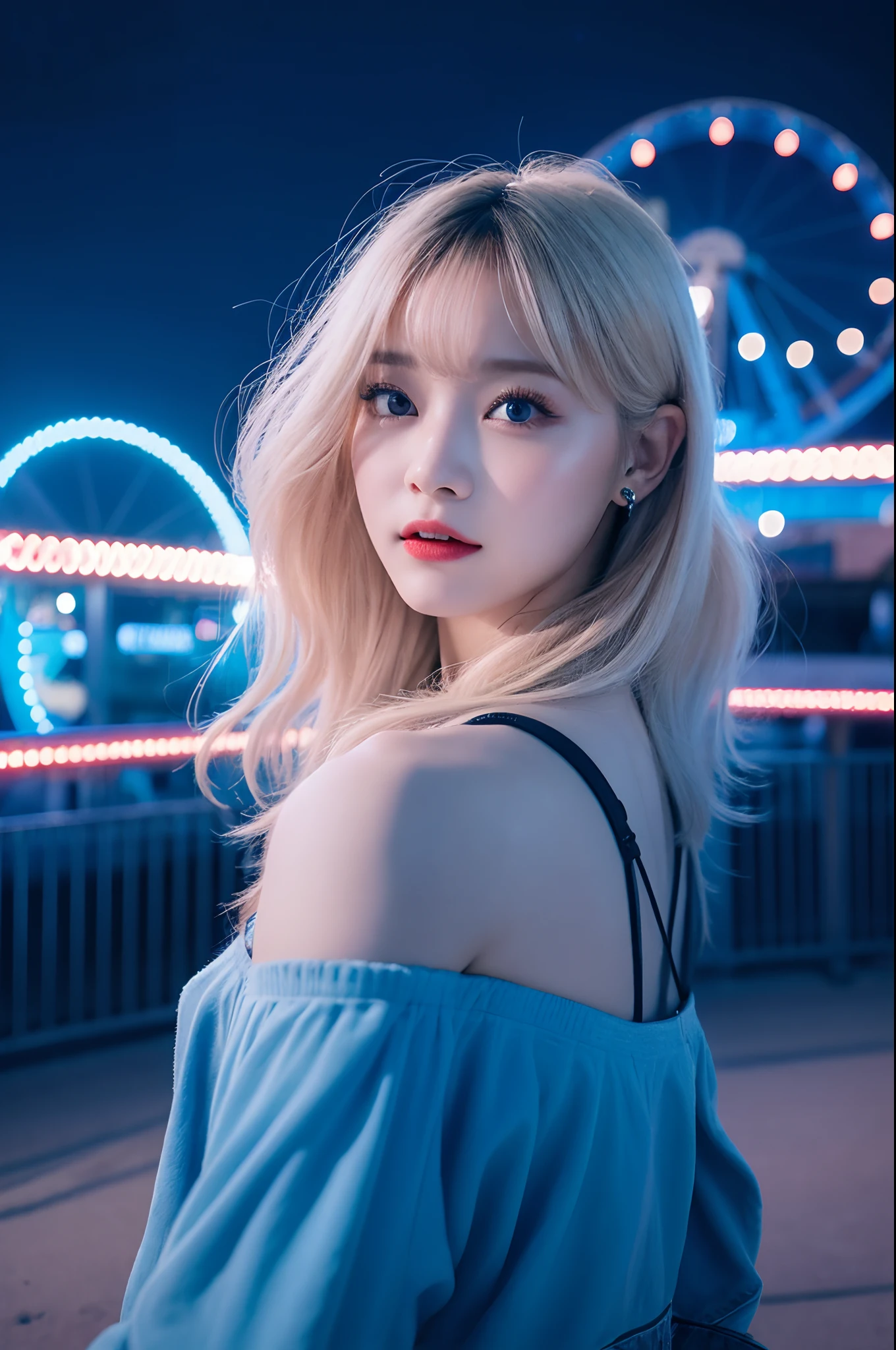 1girl in, Super beautiful girl, Dream Girl, Wearing blue, ulzzangs, Dancing, Concert in amusement park in the background, Lightning in the sky, Ultra Details, A hyper-realistic, Cinematic , Octane Render, K,a blond