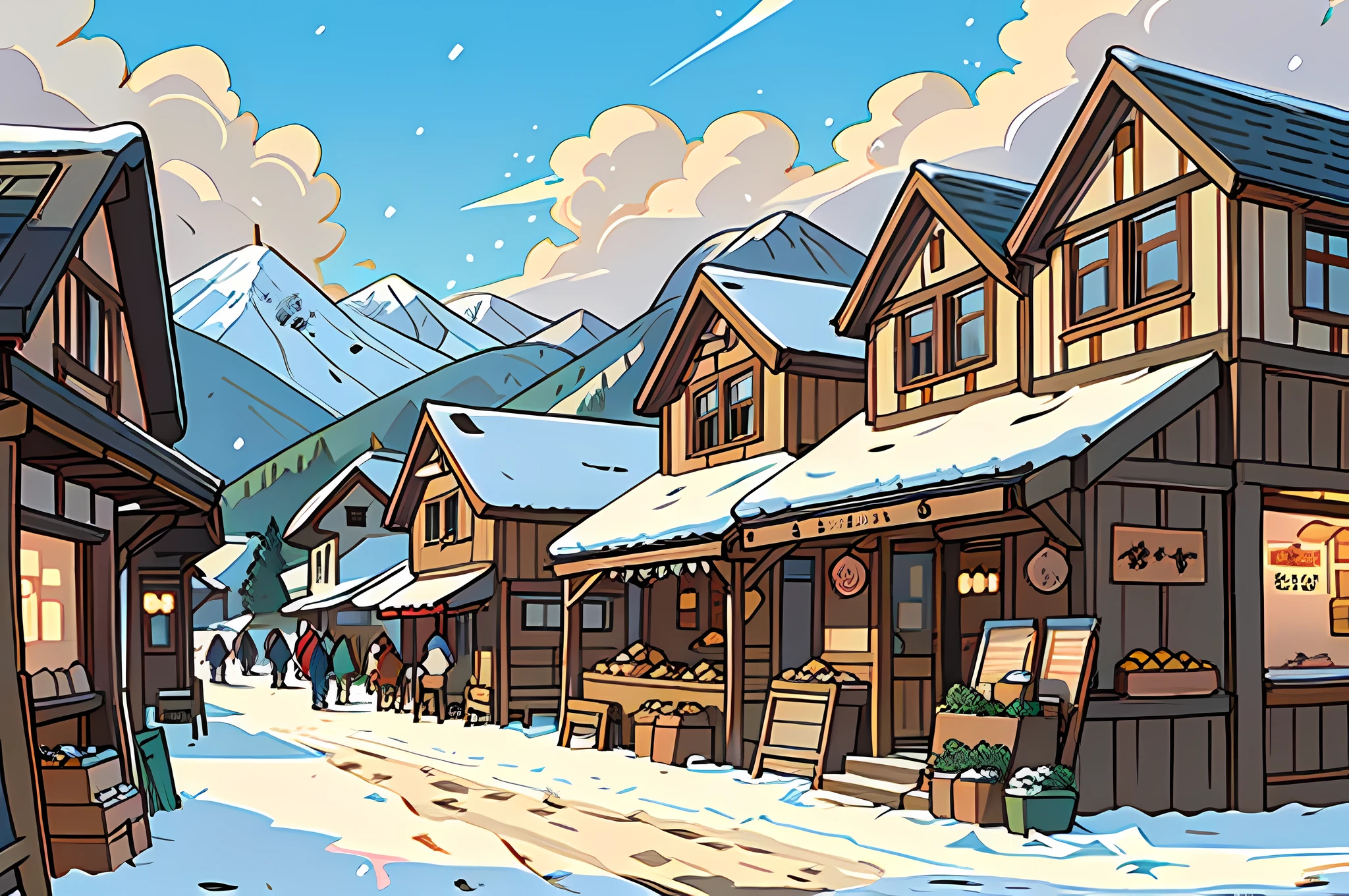 masterpiece, 4k, detailed, exterior shot,, high shot, of a crowded, bustling, small market place with market stalls and only two buildings in an old fashioned village, one large inn at a crossroads, in a snowy country side with one mountain in the distance, day time, small village, lot of people, crowd