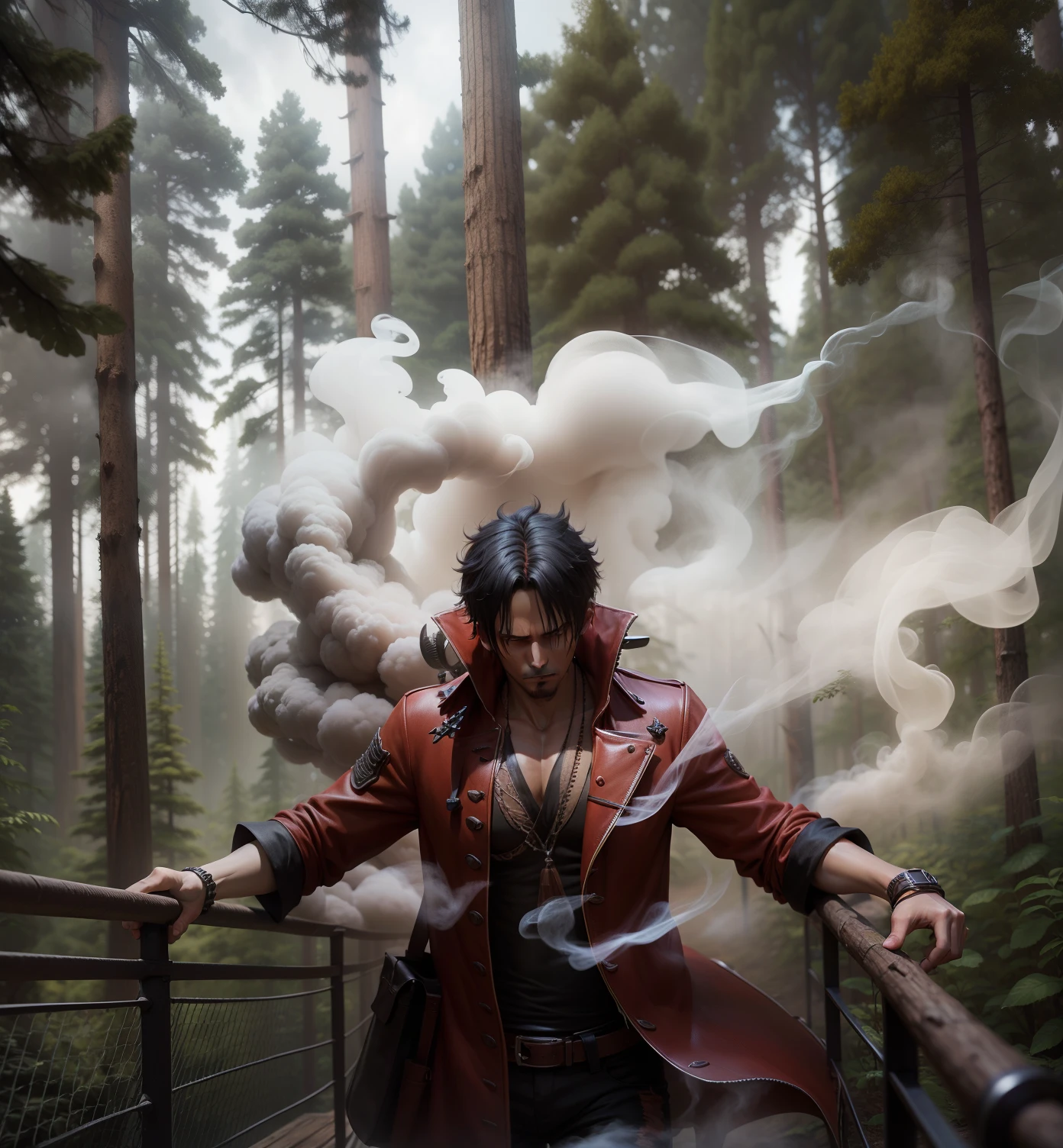 smooth, smoke, 3d blender, realistic detail, high resolution, one piece style, dark, forest