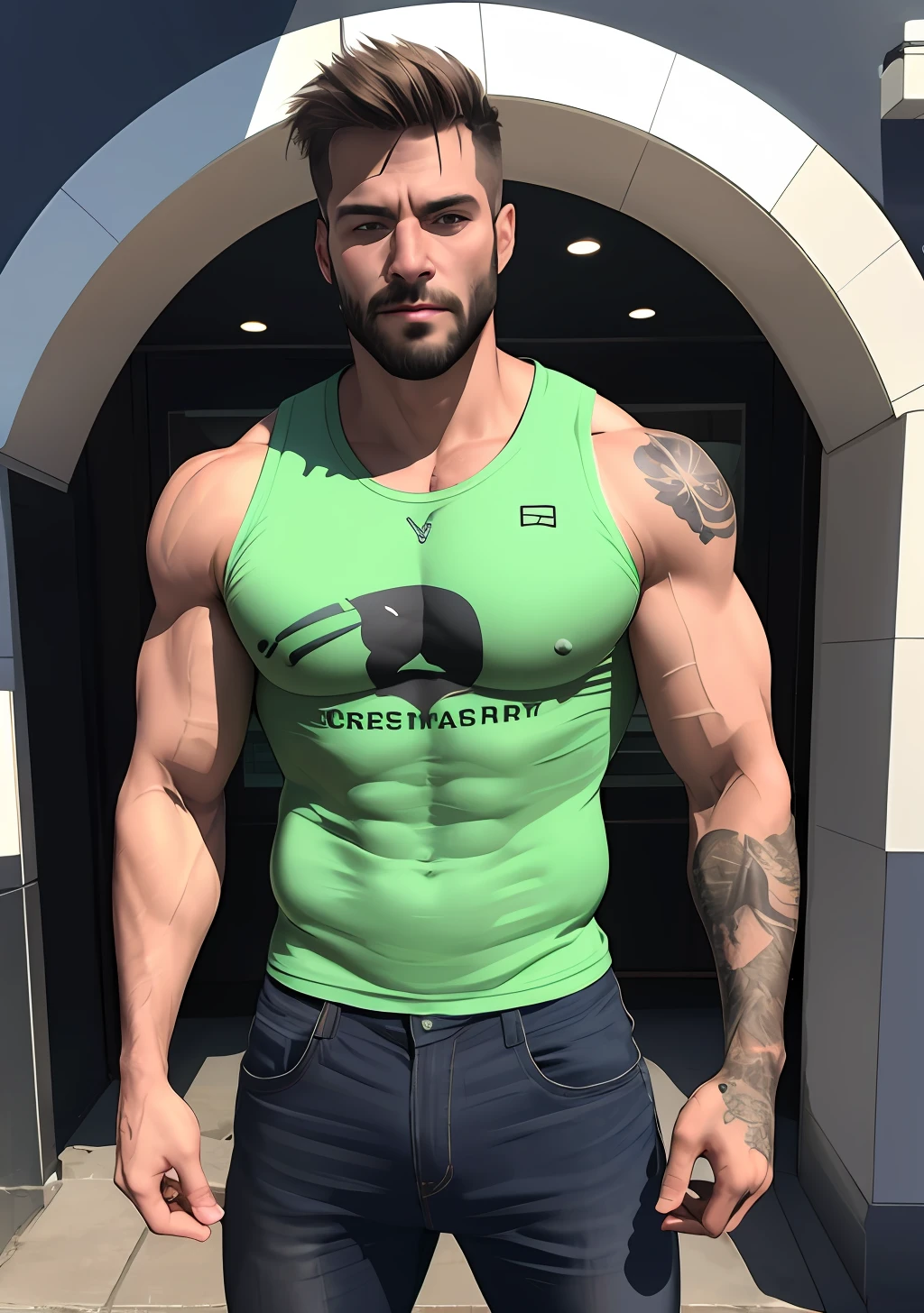 photo of muscular bearded (man) in a worn ((skin-revealing skimpy erotic green tracksuit, massive hairy pecs)), big pecs, big arms, large bulge, ((light bokeh)), intricate, (steel metal [rust]), elegant, erotic, exuding sexual energy, homoerotic, sharp focus, photo by greg rutkowski, soft lighting, vibrant colors, (masterpiece), ((streets)), (detailed face), night