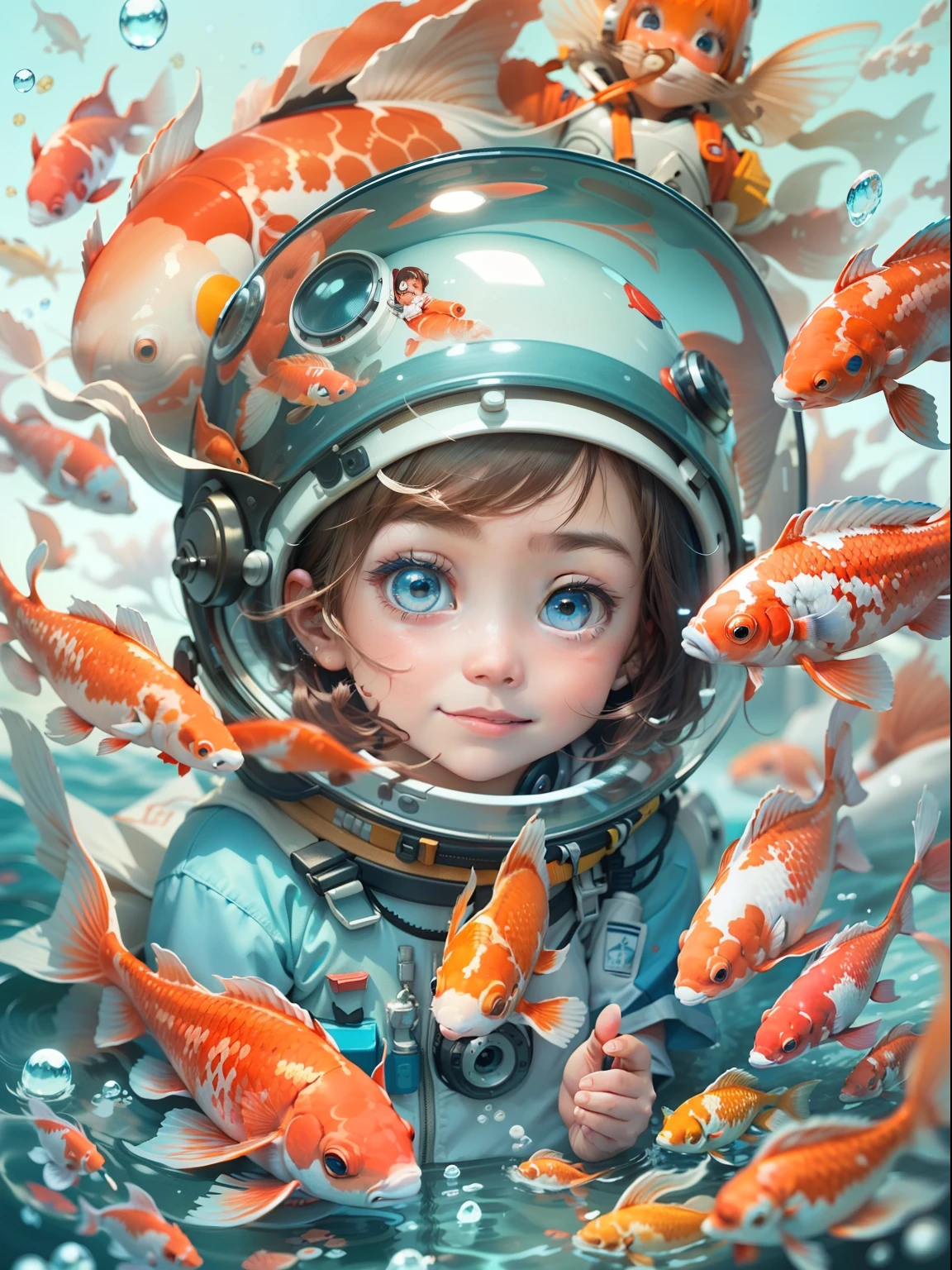 ocean floor,Diving girl interacting with oversized koi,(Oversized red koi,Beautiful koi,Flocks of koi),White spacesuit,Transparent space helmet,(((cute female child,color eyes,A delightful、A slight smil))),Exquisite digital illustration,8K detailed digital art
