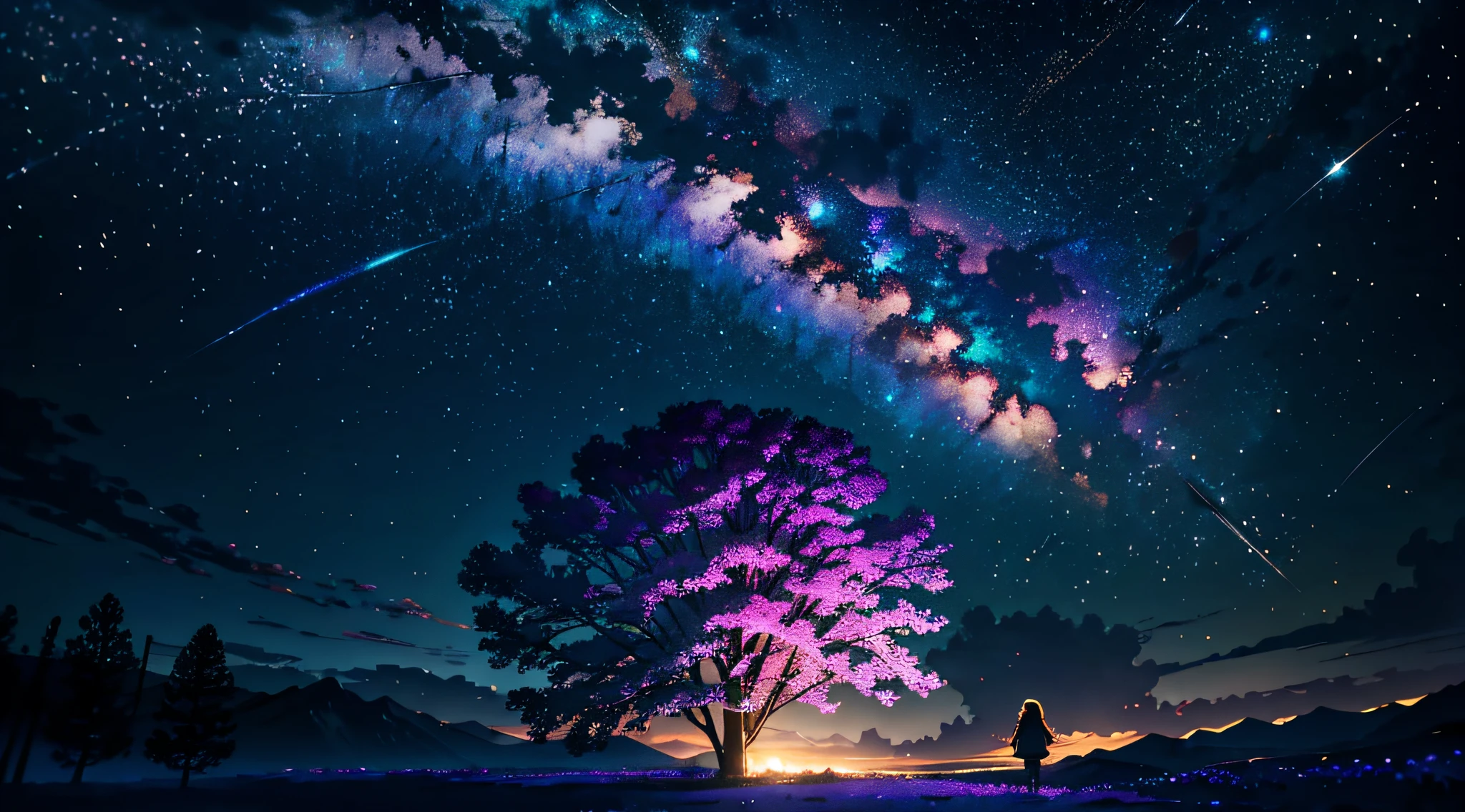 Expansive landscape photograph, (view from below with a view of the sky and the wilderness below), girl standing in a flower field looking up, (full moon: 1.2), (shooting star: 0.9), (nebula: 1.3), distant mountain, tree break production art, (warm light source: 1.2), (firefly: 1.2), lamp, purple and orange, intricate detail, volume lighting BREAK (masterpiece: 1.2), (highest quality ), 4k, ultra-detailed, (dynamic configuration: 1.4), highly detailed and colorful details (iridescent: 1.2), (sparkling lighting, atmospheric lighting), dreamy, magical, (solo: 1.2)