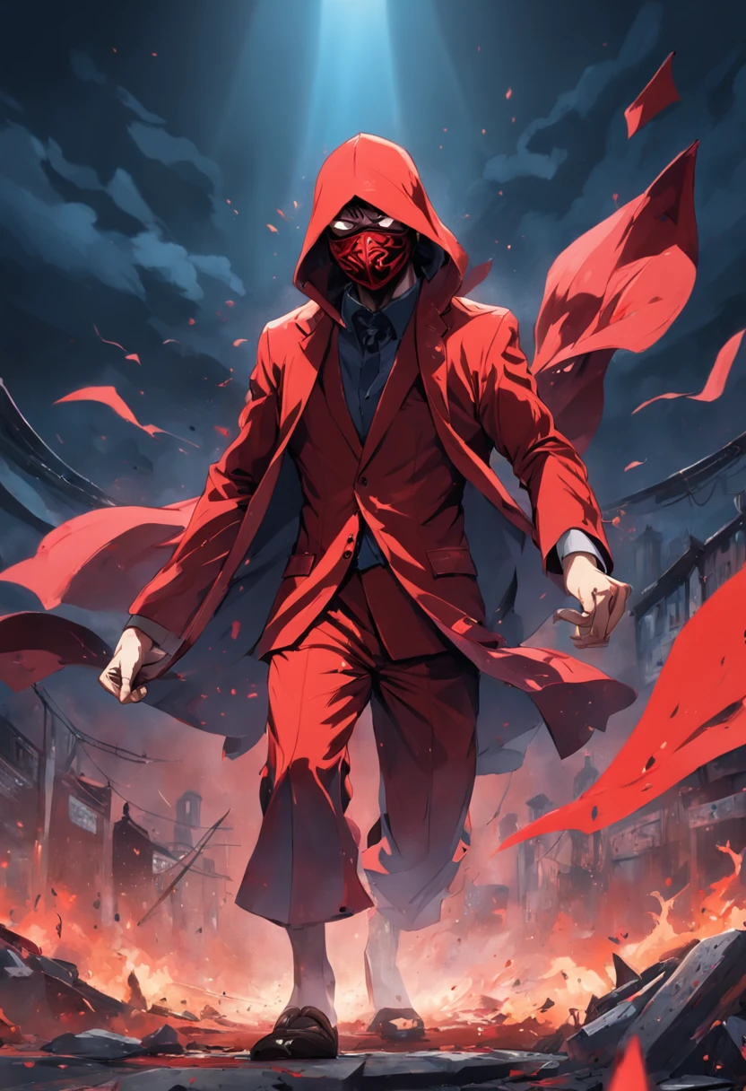 "Por favor, create an image of the anti-hero 'Red Flag'. He is a unique and eccentric character, known for his crazy and unpredictable personality. He wears a vibrant red suit and wears a mask that completely covers his face, adding an air of mystery and anonymity. It has a red flag with abstract patterns of vibrant colors as a symbol, which reflects its chaotic nature. His special ability is the ability to create anything he can imagine, alterando a realidade ao seu redor. tem a capacidade de trazer objetos, creatures and scenarios for life from your creative mind. His fun and eccentric personality is reflected in his appearance and demeanor. He's a mix of archetypes, sendo principalmente o 'Louco' e o 'Bruxo' , with a unique approach to justice, often bringing a dose of humor to the most serious situations."