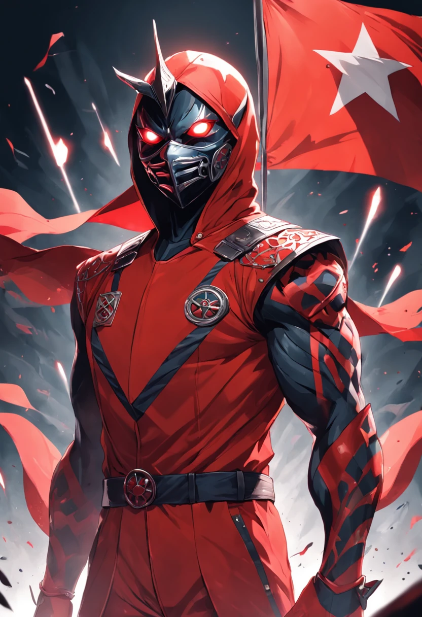 "Por favor, create an image of the anti-hero 'Red Flag'. He is a unique and eccentric character, known for his crazy and unpredictable personality. He wears a vibrant red suit and wears a mask that completely covers his face, adding an air of mystery and anonymity. It has a red flag with abstract patterns of vibrant colors as a symbol, which reflects its chaotic nature. His special ability is the ability to create anything he can imagine, alterando a realidade ao seu redor. tem a capacidade de trazer objetos, creatures and scenarios for life from your creative mind. His fun and eccentric personality is reflected in his appearance and demeanor. He's a mix of archetypes, sendo principalmente o 'Louco' e o 'Bruxo' , with a unique approach to justice, often bringing a dose of humor to the most serious situations."