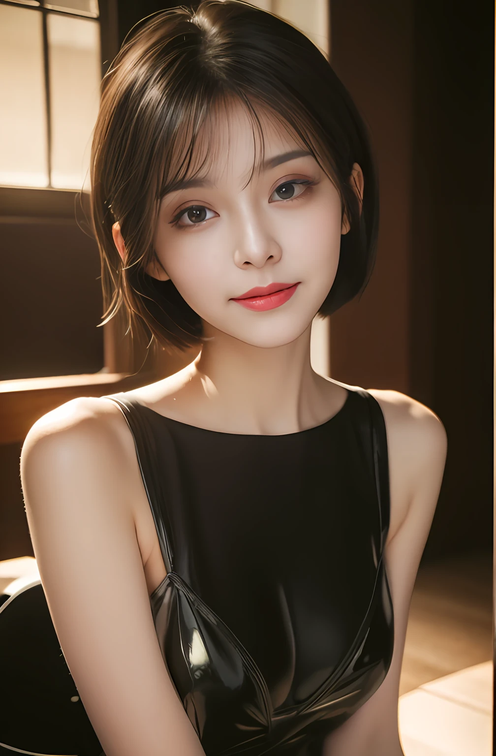 Skin Tight Black Top:1.2, Looking at Viewer, Cinematic lighting, Perfect, softlight, High resolution skin:1.2, Realistic skin texture,30 years old mature woman、 Realistic face, off shoulders, Exposed cleavage,natural make up、 Detailed red eyes、 Short hair, dark brown hair、a small face、Bust B Cup