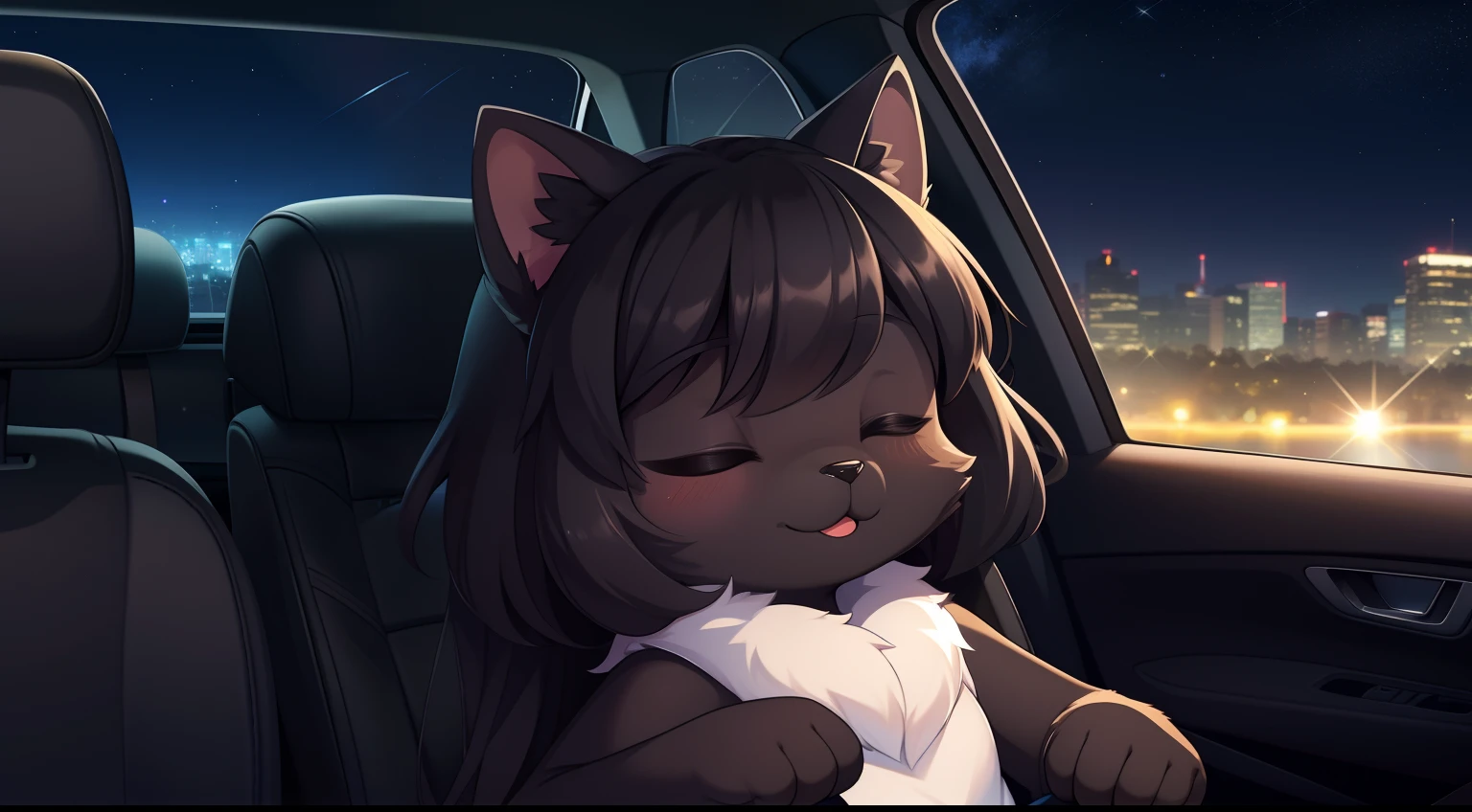 Furry mascot，Lovely image，A black cat，No clothes， Cute little animals fluffy，Black furry furry fur，Cute little animals，Fluffy tail，In the back seat，Sitting alone in the car，sit on chair，The view from the car window，On the city highway，full of lights，Cubs，is in night，nigh sky, stars，Close-up of cute characters，Put your hands behind your head，eye closeds，s asleep