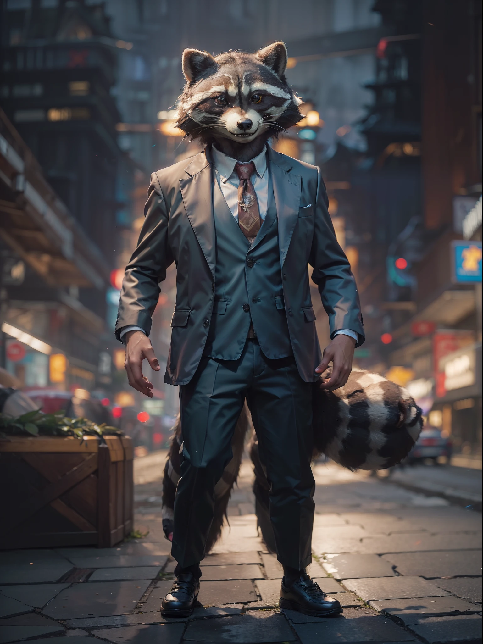 (((fullbody image、Standing posture)))、(Full body raccoon standing upright in luxury business suit、Humanoid raccoon、Cool anthropomorphic raccoon with long legs)、masterpiece, top-quality, in 8K , intricate detailes, ultra-detailliert , light Particle、32K Digital Paint, Hyper-Realism, No background