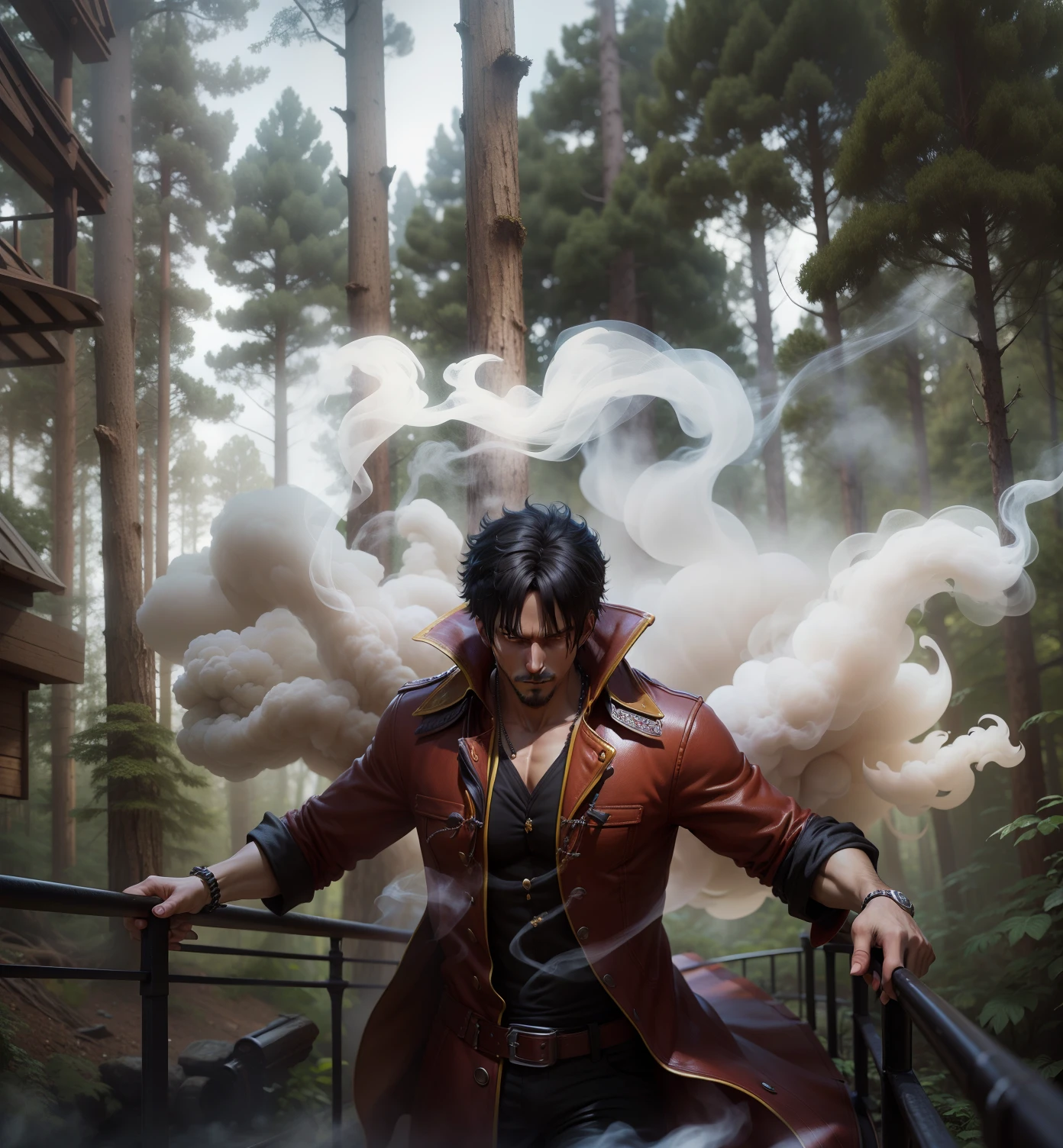 smooth, smoke, 3d blender, realistic detail, high resolution, one piece style, dark, forest