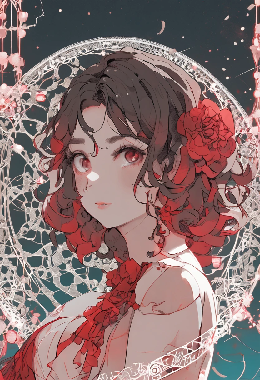 masutepiece, Best Quality, Illustration, Ultra-detailed, finely detail, hight resolution, 8K Wallpaper, Perfect dynamic composition, Beautiful detailed eyes, Natural Lip, Red knitted dress , Big breasts, cleavage,Putting both dots together on a headpiece