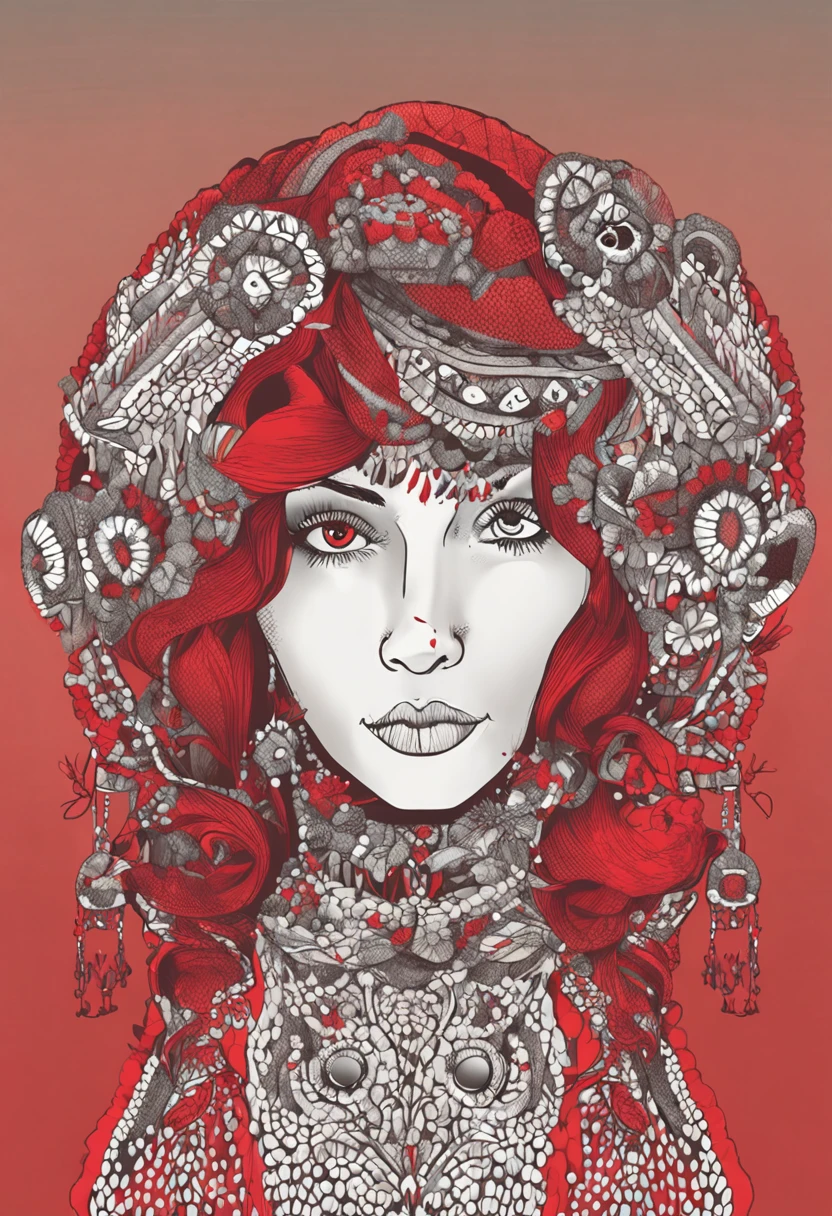 masutepiece, Best Quality, Illustration, Ultra-detailed, finely detail, hight resolution, 8K Wallpaper, Perfect dynamic composition, Beautiful detailed eyes, Natural Lip, Red knitted dress , Big breasts, cleavage,Putting both dots together on a headpiece