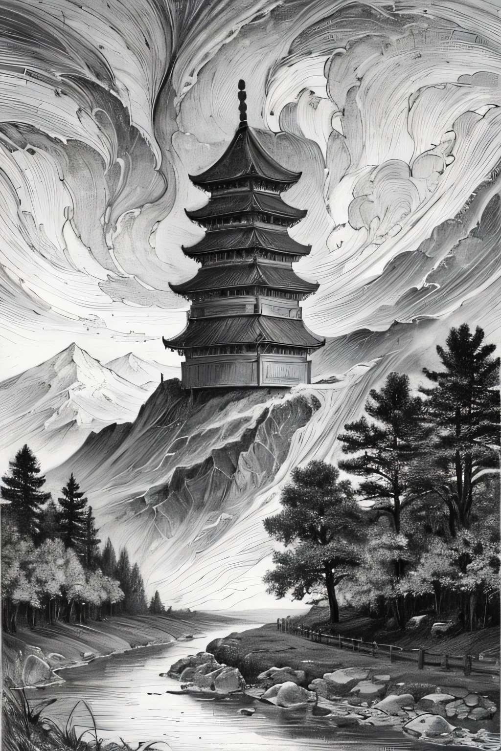 Best quality at best，Complicated details，line-art，Mono Color，sketching，1girl，long whitr hair，brunette color hair，messy  hair，Chinese Ancient Architecture，mountain water，the trees，​​clouds