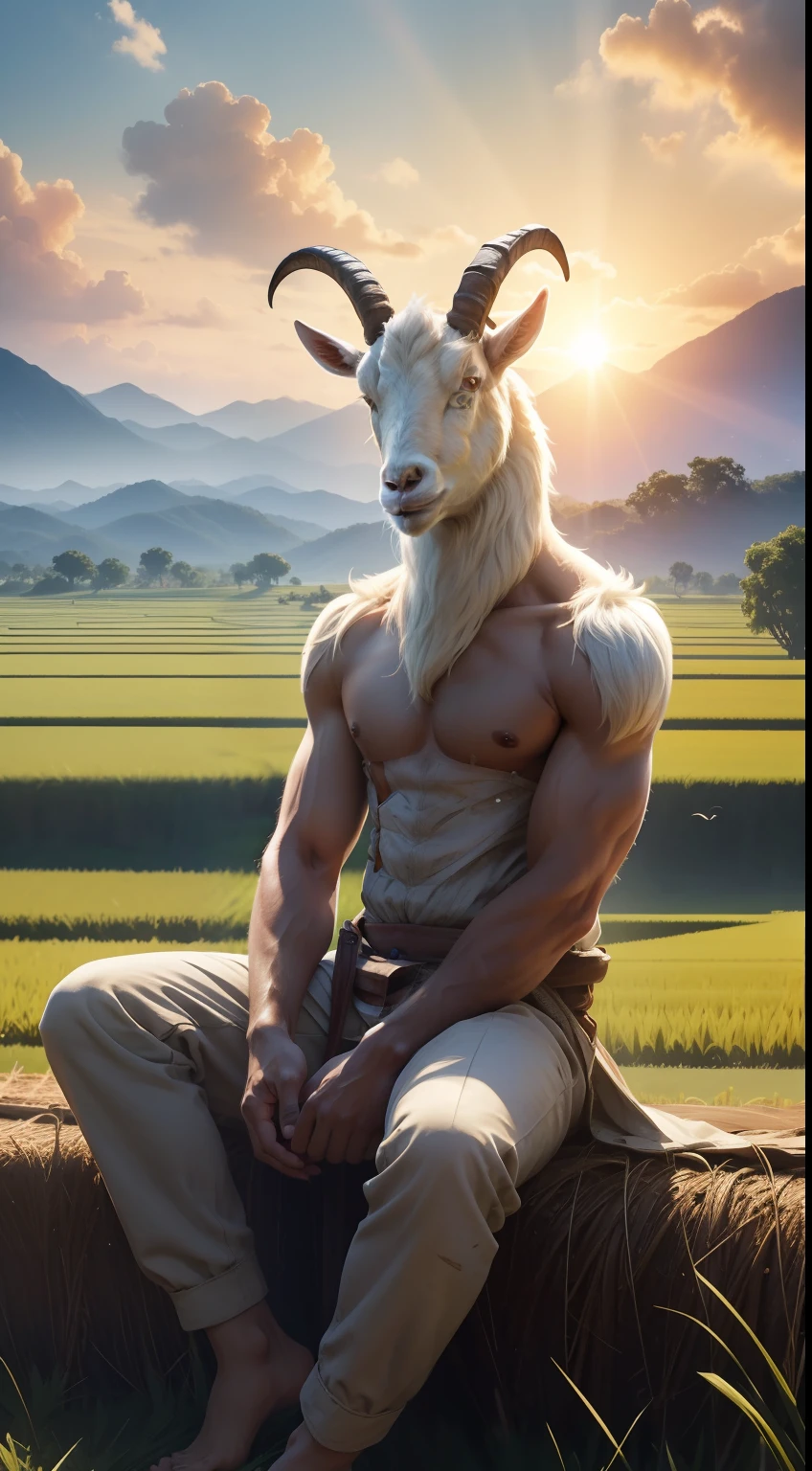 farmer, human body, goat-head, sitting on the rice field, under the sun, sunshine, full body, Animal Anthropomorphism, realistic digital, humanoid, abstract background, global illumination, intricate, epic, dramatic, masterpiece, high detail, best quality, ultra high res