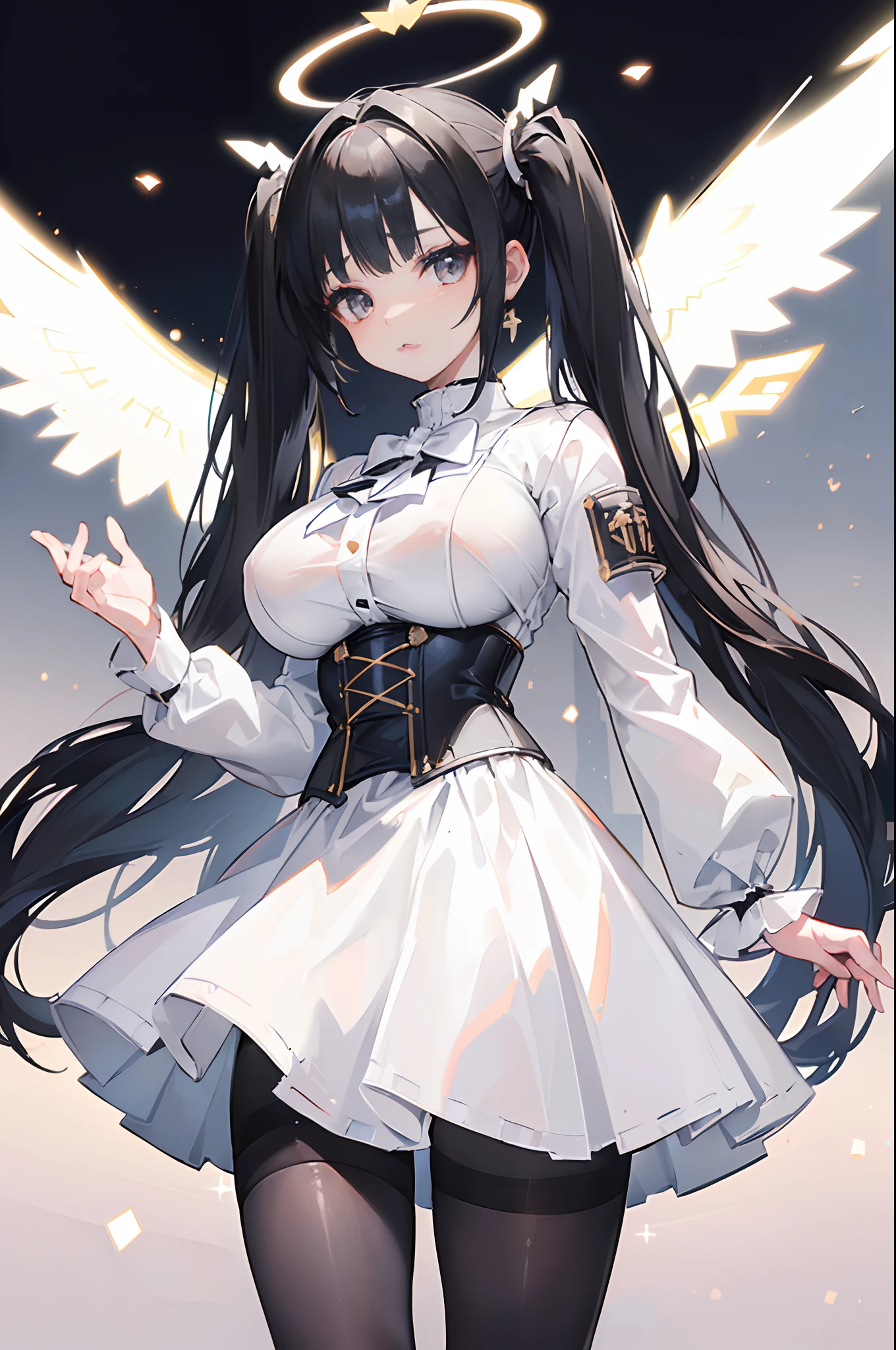 ((white skirt)),((black hair)), ((twintails)), ((white skirt)),((pantyhose)),((corset)), ((8K)), ((masterpiece)),((halo)),((16 years old)) ((highly detailed face)),((big breast)),((tundere))