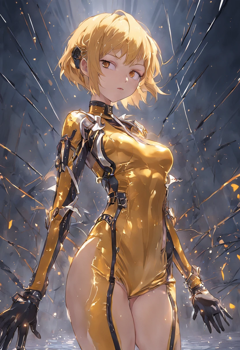 (((Best quality))), (((Masterpiece))), Solo, ultra fine photos, full body picture Unreal Engine 5 8K UHD, Beautiful girl, Face detailed, Wear a skinny latex one-piece suit，Decorated with gold lace, Latex collar, latex glove, Latex garters, Arm and leg cuffs, Unified 8k wallpaper, ultra - detailed, Sharp focus, Walk in a futuristic city.Dance