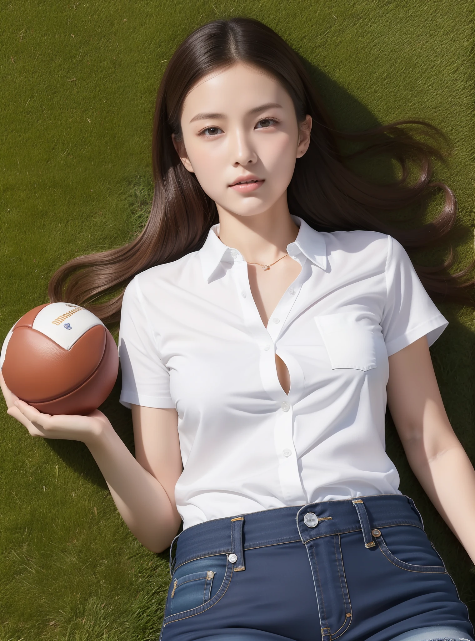 1 very beautiful female middle school student,Wear a shirt and jeans,Lying on the football field and playing with the ball,(Lie on the grass:1.2),Super high value,perfect body figure,beautiful hairl,Delicate hair,Fair face and skin,Beads of sweat hang,Have fun on the playground,The breasts are full and huge:1.5,Chest hyperexcion,(The clothes on the chest are high and bulging, Tightness and bulging:1.5),Delicate, Fair and soft calves and toes:1.5,White and delicate fingers,fully body photo