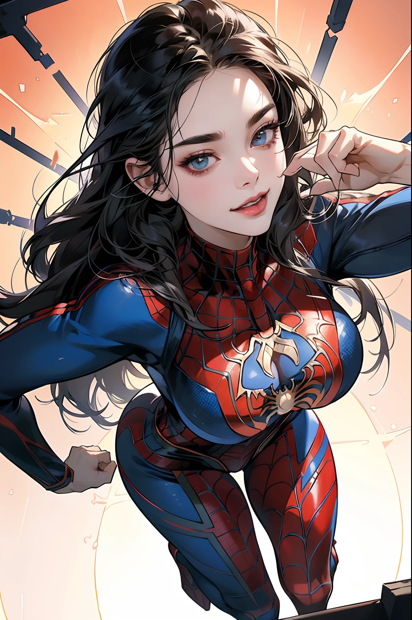 Realistic, Award Winning Photos, 1Female, Solo, Best Quality, Ultra High Resolution, 8K Resolution, The Background Is Tower Architecture, ((Spider-Woman Theme)), Aggressive Face, Seductive Smiling, Beautiful Female with Perfect Figure:1/5Full Body Pose, Milky White Skin, Perfect Face Shape, Perfect Body, Perfect Figure, Big Boobs, Delicate and Beautiful Face, Ultra Detailed, Masterpiece, Highly Detailed Face and Skin Texture, Detailed Eyes, Double Eyelids, Minimal Makeup, Juicy Lip, Beautiful Eyes, Mesmerizing Eyes, Slim Hip, Medium Body ((Tall 167 cm.)), Gorgeous, ((Spider-Woman Uniform)), ((Spider-Woman Outfit)), Korean, Model, Long Hair, Standing Bossy Pose, Facing The Viewer, Looking At The Viewer, White