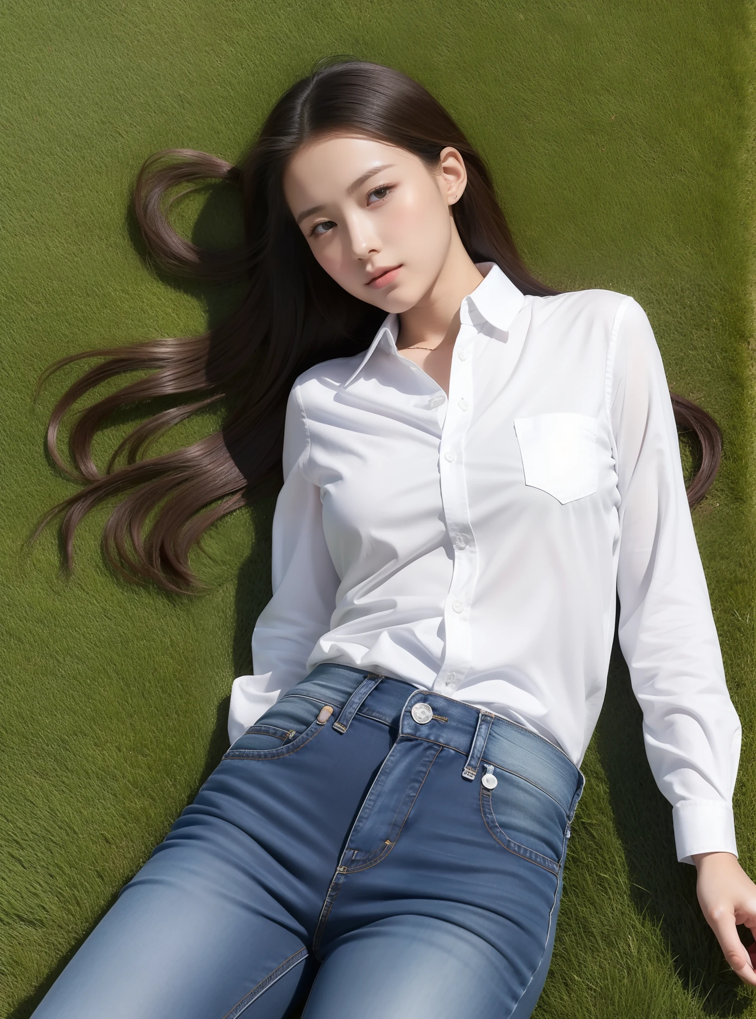 1 very beautiful female middle school student,Wear a buttoned shirt and jeans,Lying on the football field and playing with the ball,(Lie on the grass:1.2),Super high value,perfect body figure,beautiful hairl,Delicate hair,Fair face and skin,Beads of sweat hang,Have fun on the playground,The breasts are full and huge:1.5,Chest hyperexcion,(The clothes on the chest are high and bulging, Tightness and bulging:1.5),Delicate, Fair and soft calves and toes:1.5,White and delicate fingers,fully body photo