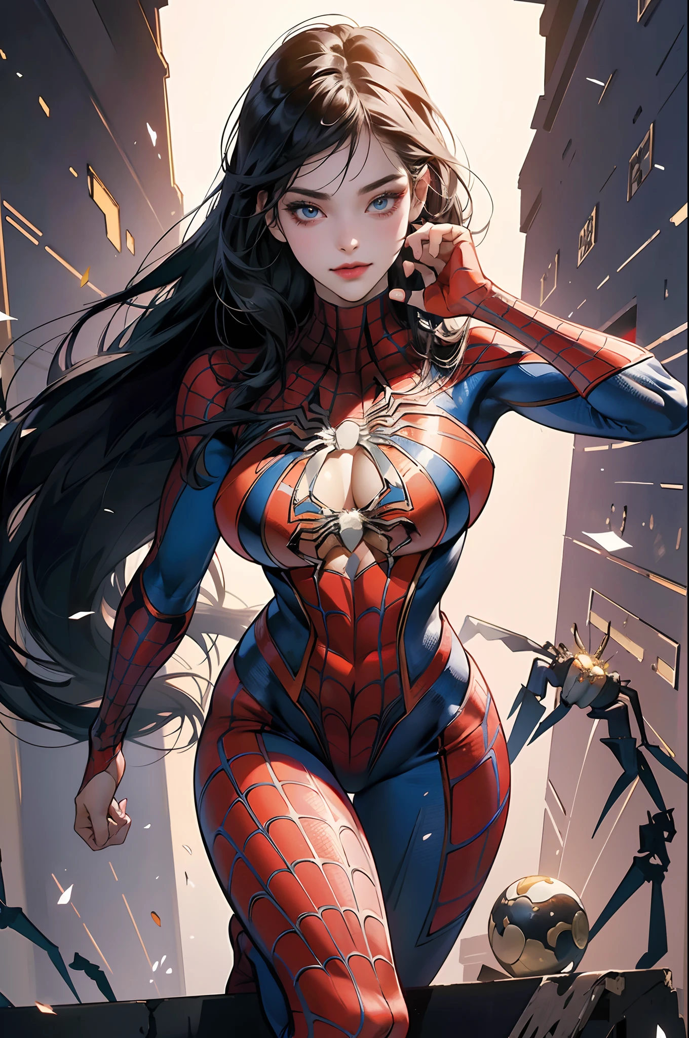 Realistic, Award Winning Photos, 1Female, Solo, Best Quality, Ultra High Resolution, 8K Resolution, The Background Is Tower Architecture, ((Spider-Woman Theme)), Aggressive Face, Seductive Smiling, Beautiful Female with Perfect Figure:1/5Full Body Pose, Milky White Skin, Perfect Face Shape, Perfect Body, Perfect Figure, Big Boobs, Delicate and Beautiful Face, Ultra Detailed, Masterpiece, Highly Detailed Face and Skin Texture, Detailed Eyes, Double Eyelids, Minimal Makeup, Juicy Lip, Beautiful Eyes, Mesmerizing Eyes, Slim Hip, Medium Body ((Tall 167 cm.)), Gorgeous, ((Spider-Woman Uniform)), ((Spider-Woman Outfit)), Korean, Model, Long Hair, Standing Bossy Pose, Facing The Viewer, Looking At The Viewer, White