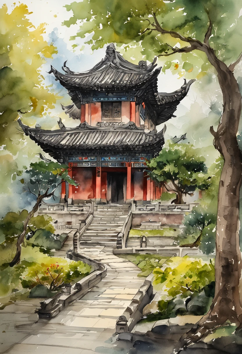 In a quaint Han Dynasty style temple，There are many buildings，The yard is covered with moss，There are many old trees outside the temple，There is a young monk clearing fallen leaves on the steps，It was raining lightly in the sky，no sun